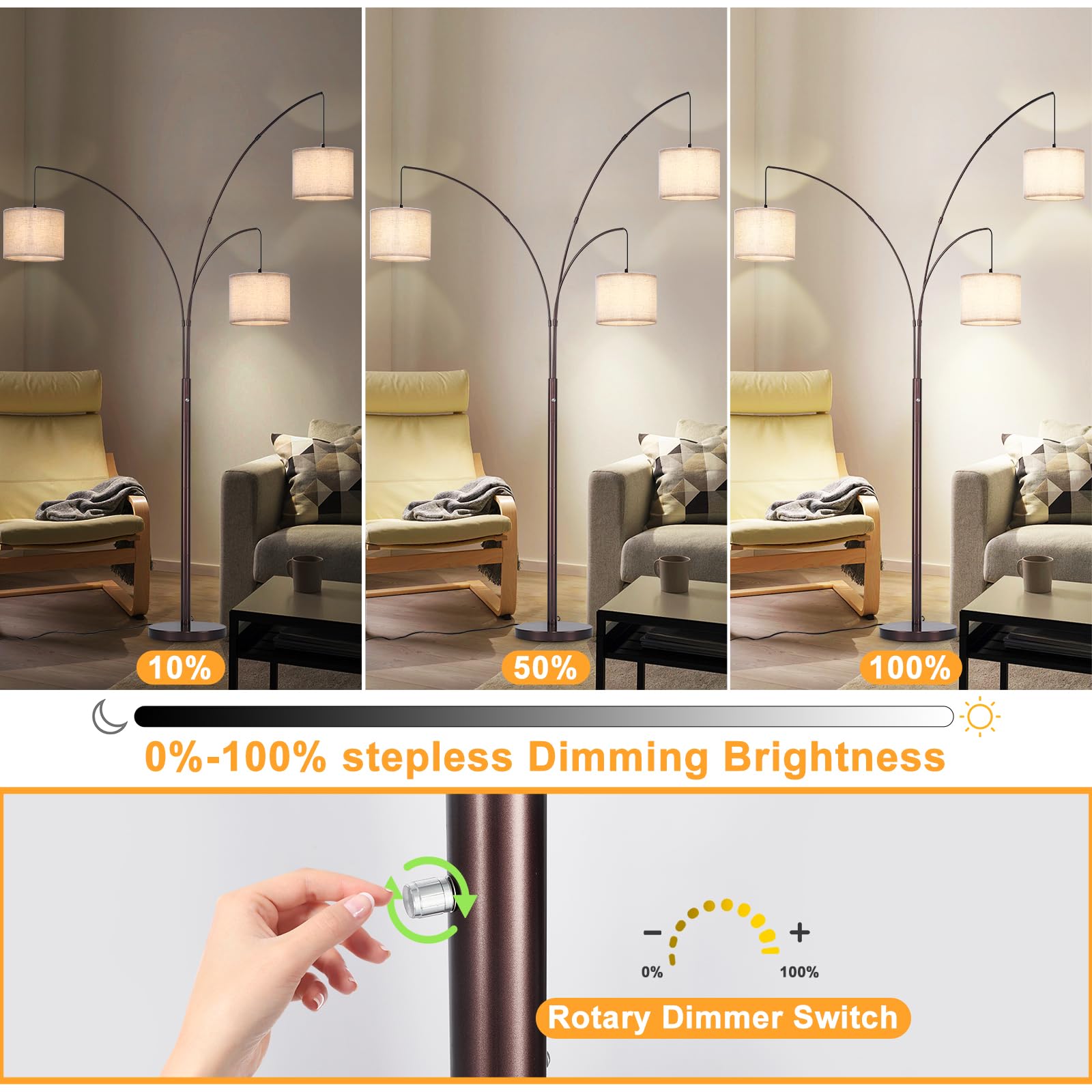 Dllt Modern Floor Lamp For Room: 3-Light Brown Tree Dimmable Floor Lamps With Beige Shades For Living Room - Arc Standing Lamp F