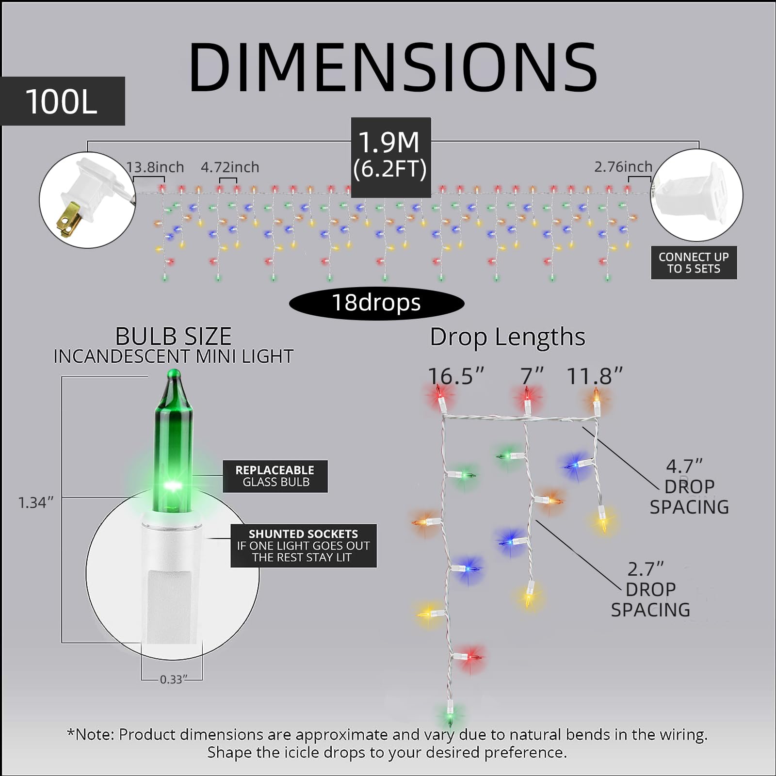 LAMPHOME 6.2FT Icicle Lights, 100 Multicolor Indoor/Outdoor Christmas Lights, White Wire, Model L8525
