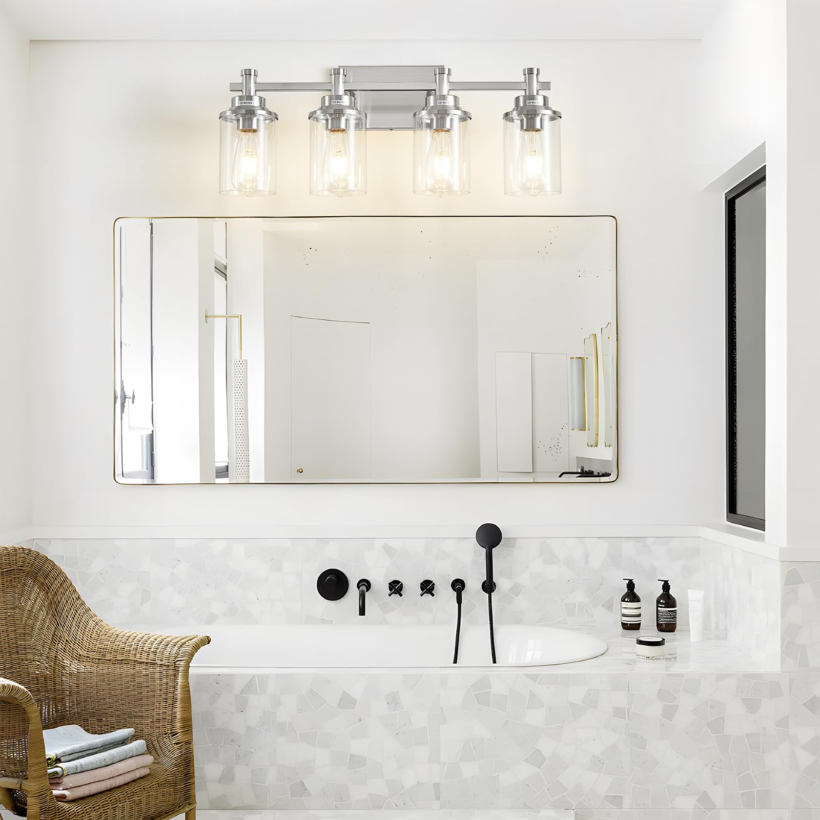 Aixialin Brushed Nickel Bathroom Lighting Fixtures Over Mirror, 4-Light Bathroom Vanity Light Fixtures, Wall Sconce Lighting Mod