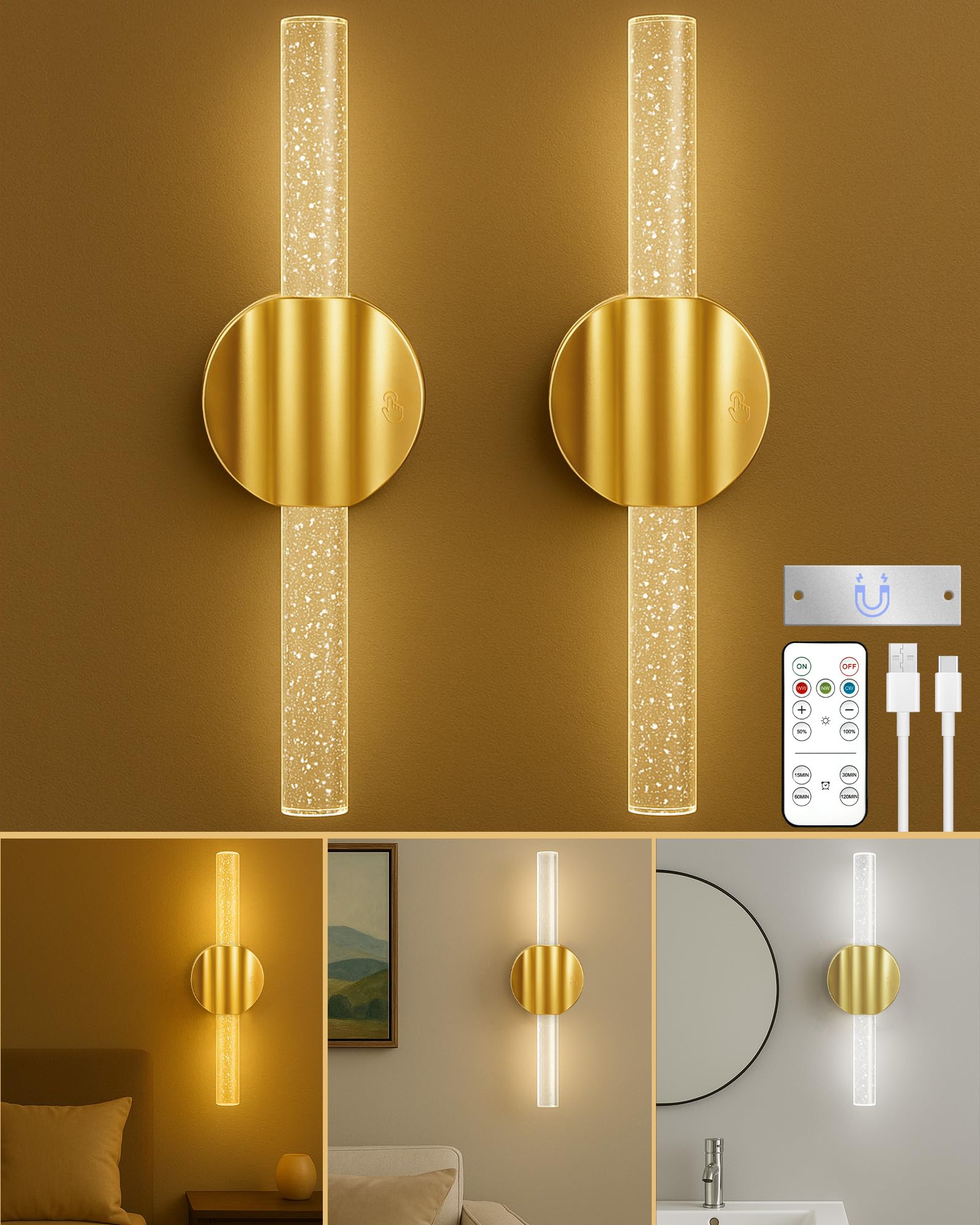 Lazukes Rechargeable Wall Sconces Set of 2, Gold Wireless Magnetic Battery Operated Wall Lights with Remote & Touch Control, Dim