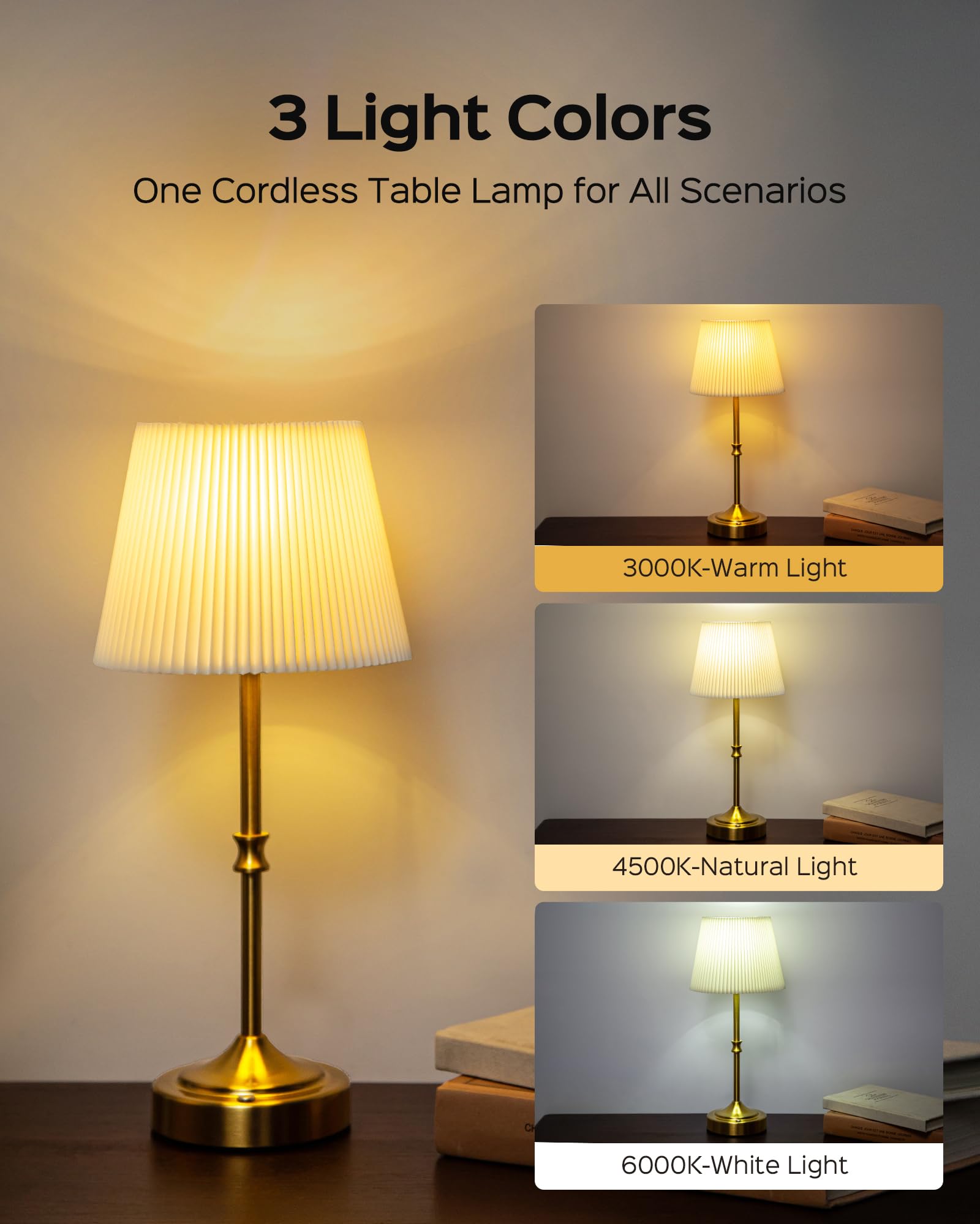 Cordless Table Lamp Portable, 3 Light Colors & Brightness Adjustable , 5400Mah Battery Operated Rechargeable, Wireless Lamp For