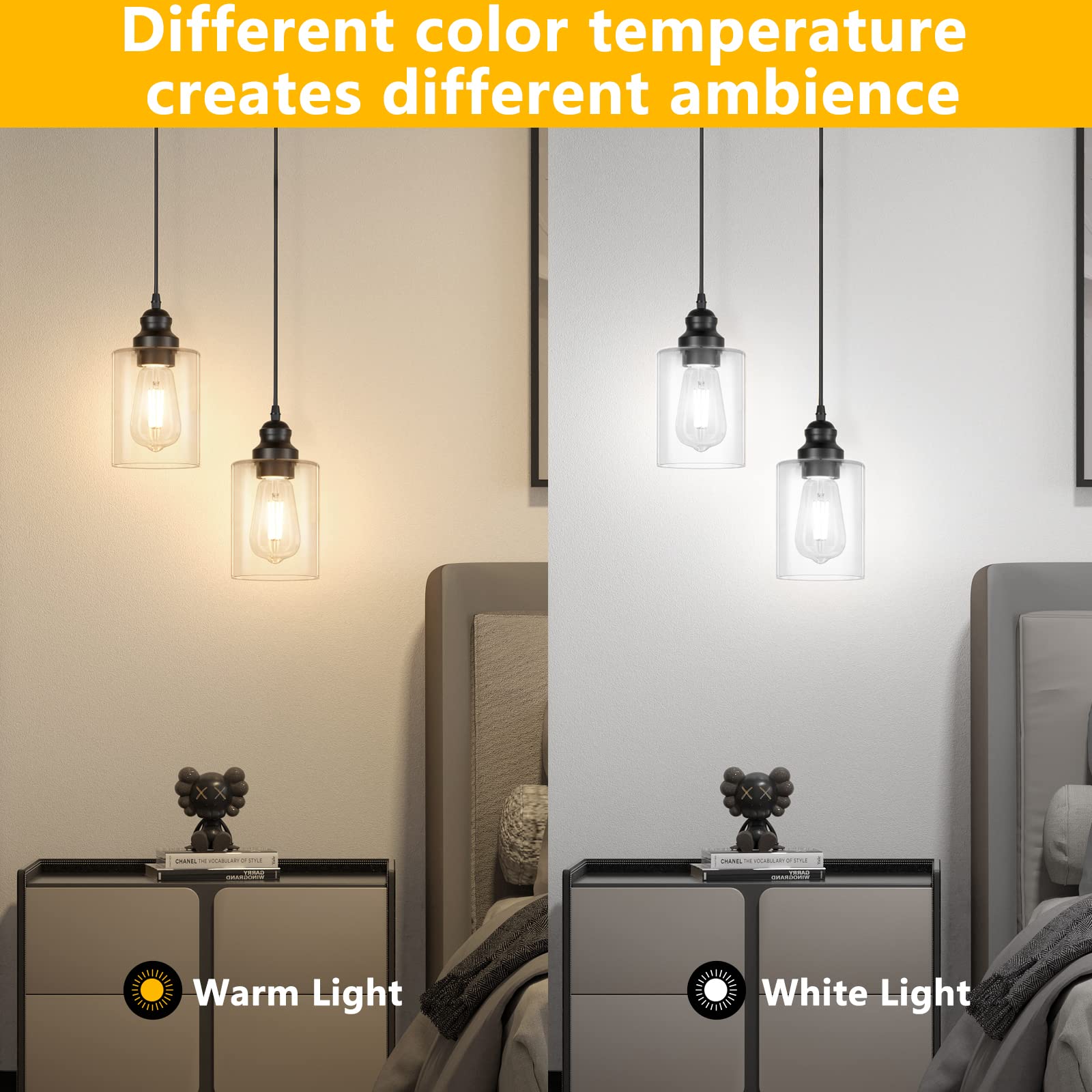 Licperron 2 Pack Black Pendant Lights, Clear Glass Shade, Metal Ceiling Fixture for Kitchen Island, Dining Room, Model 2P-GlassPendant