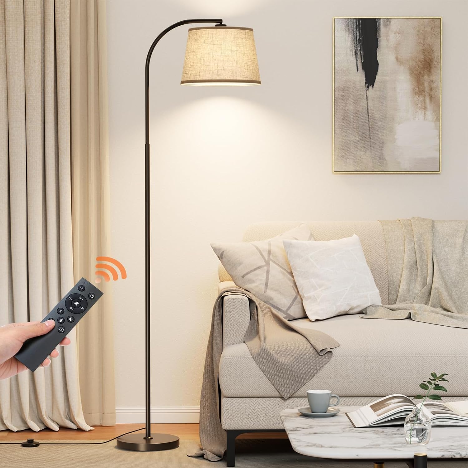 Karjoefar Arc Floor Lamp, 64in Stepless Dimmable, 350° Rotatable Shade, Remote Control, Black, Metal