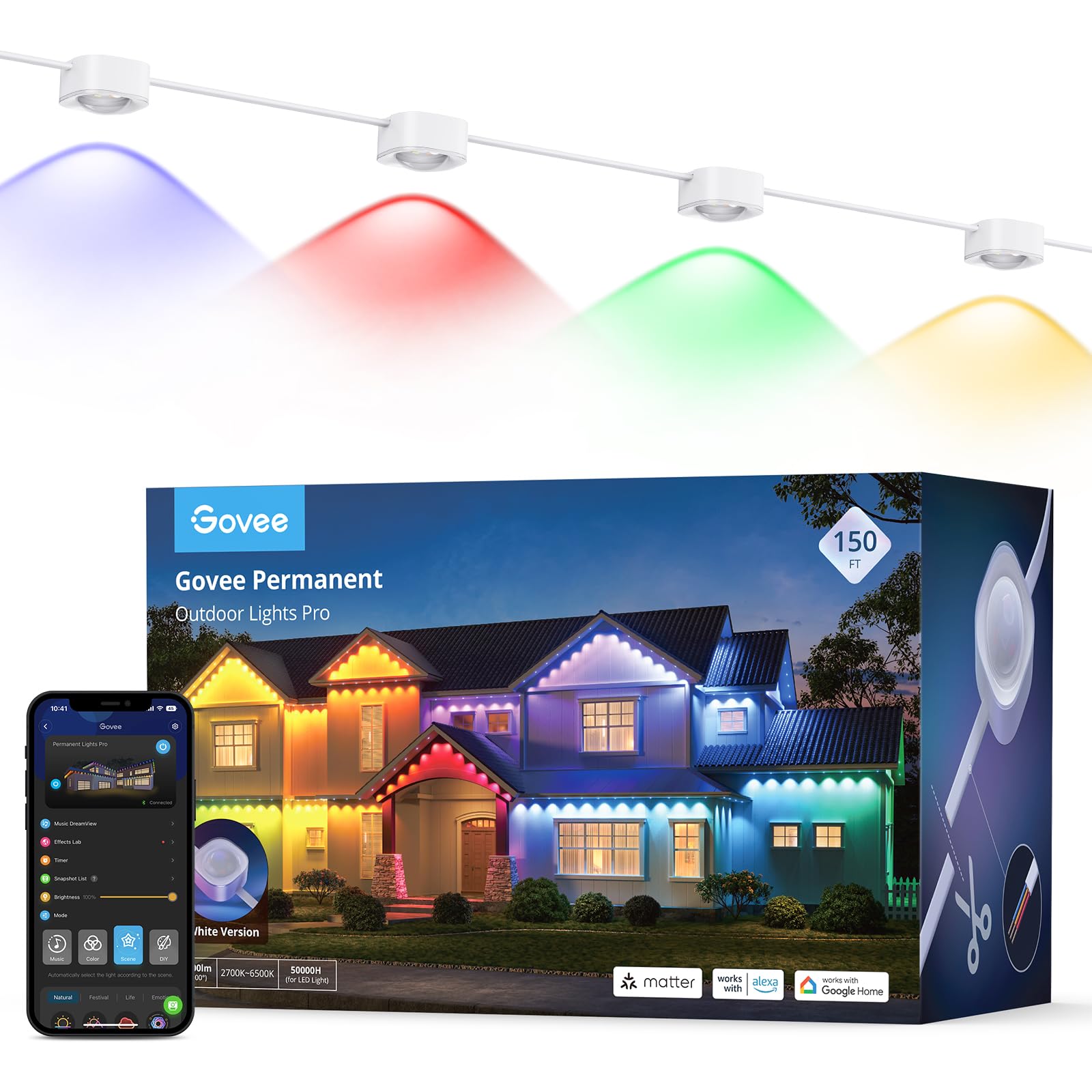 Govee Outdoor Lights Pro, 150ft, 90 RGBIC LED, IP67 Waterproof, Works with Alexa/Google Assistant, White, Model H706B