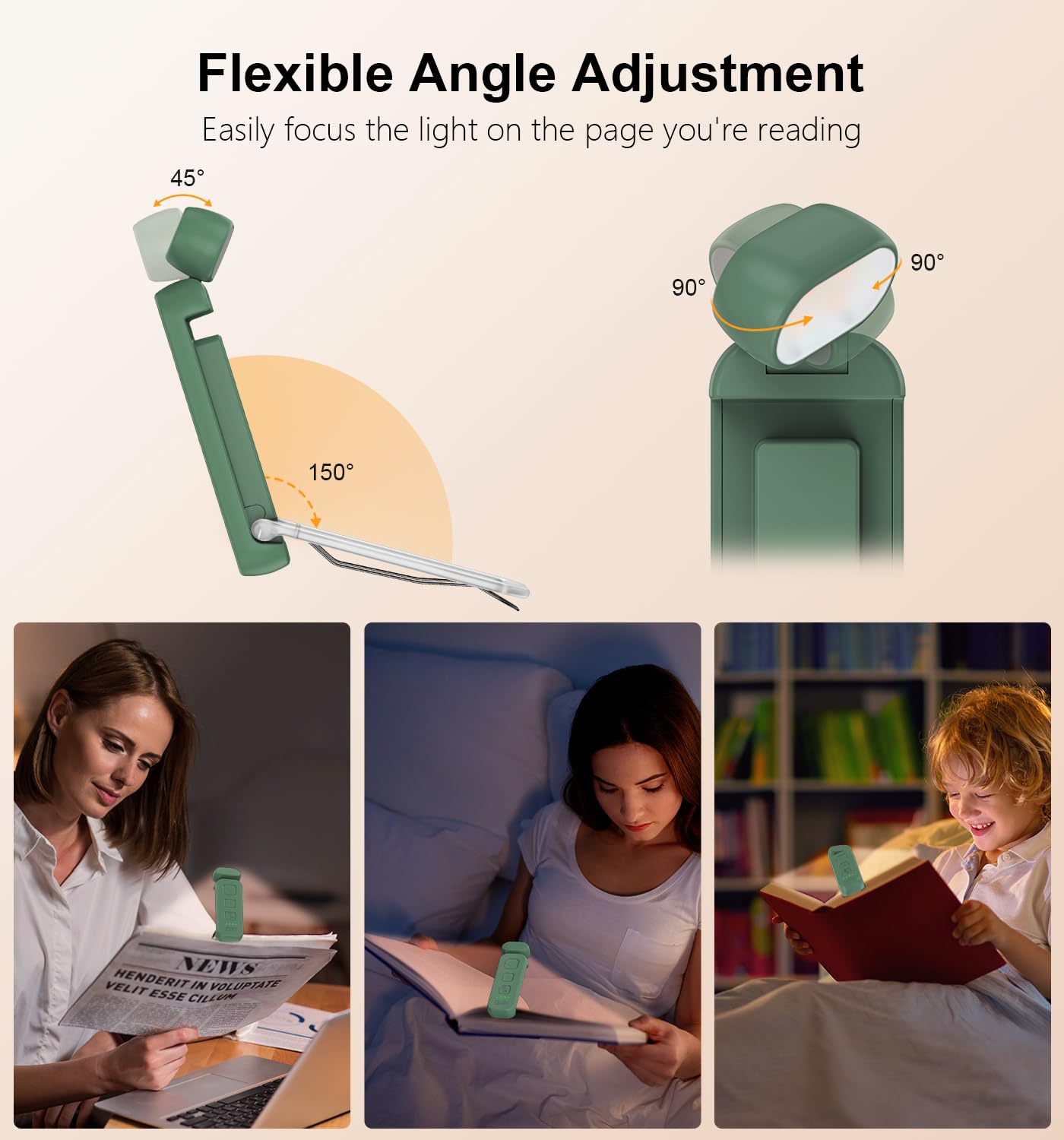 Gritin Rechargeable Book Light - Eye Caring 3 Color Temperatures, 5-Level Dimmable, Small Size, Dark Green, Model G1313