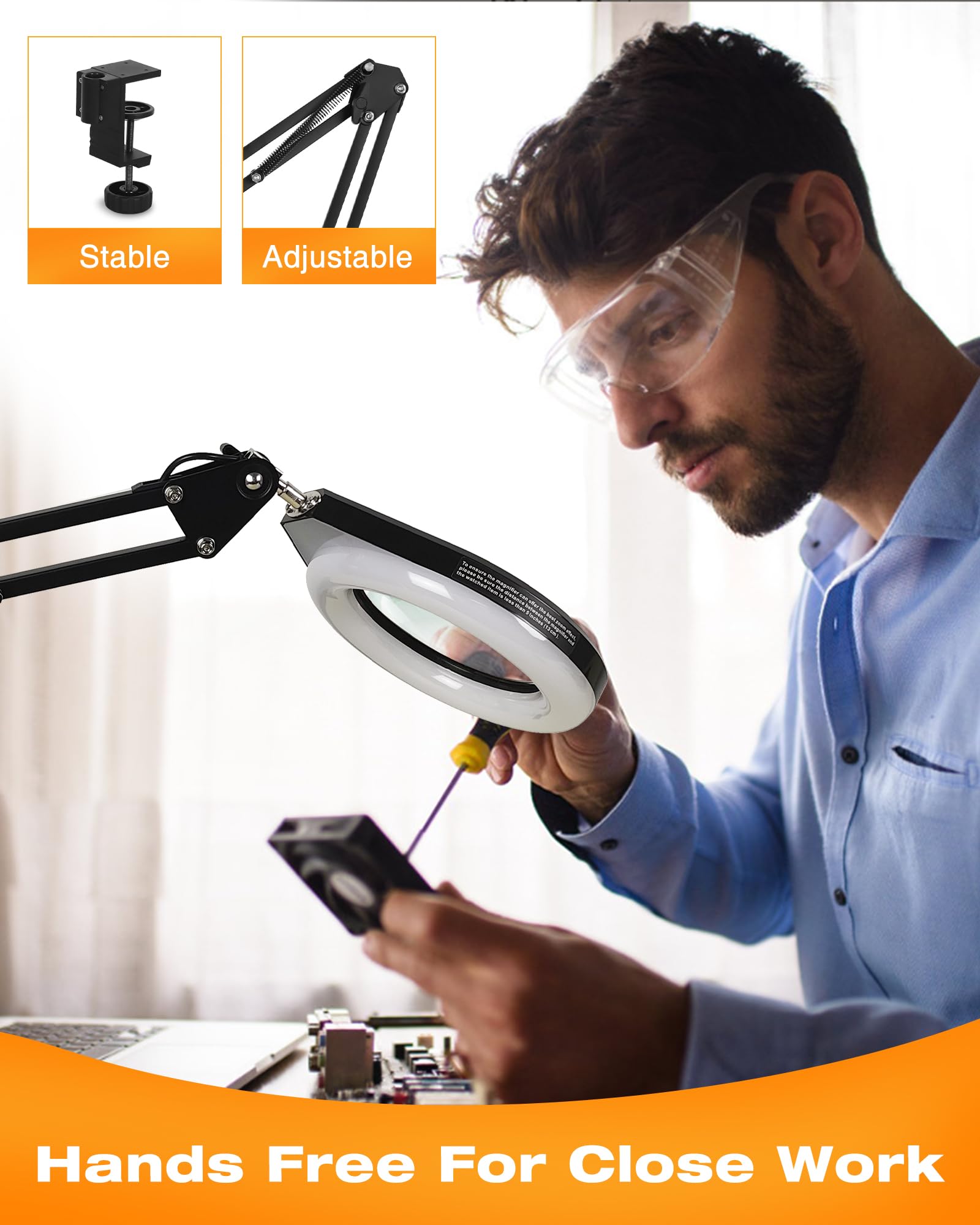 NAKOOS Magnifying Glass with Light, 10X & 5X Real Glass, Stepless Dimmable LED, Hands-Free Desk Lamp, Blue, WM-Series