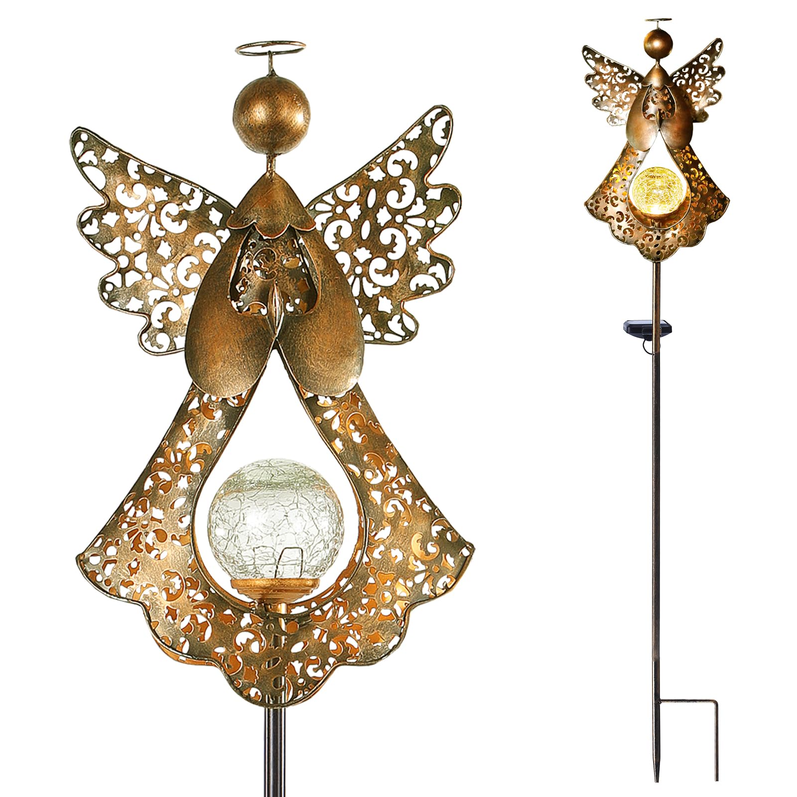Starryfill Solar Lights Angel Stake with  le Glass Globe, 40.5in Metal Bronze Garden Decor, Warm White LED