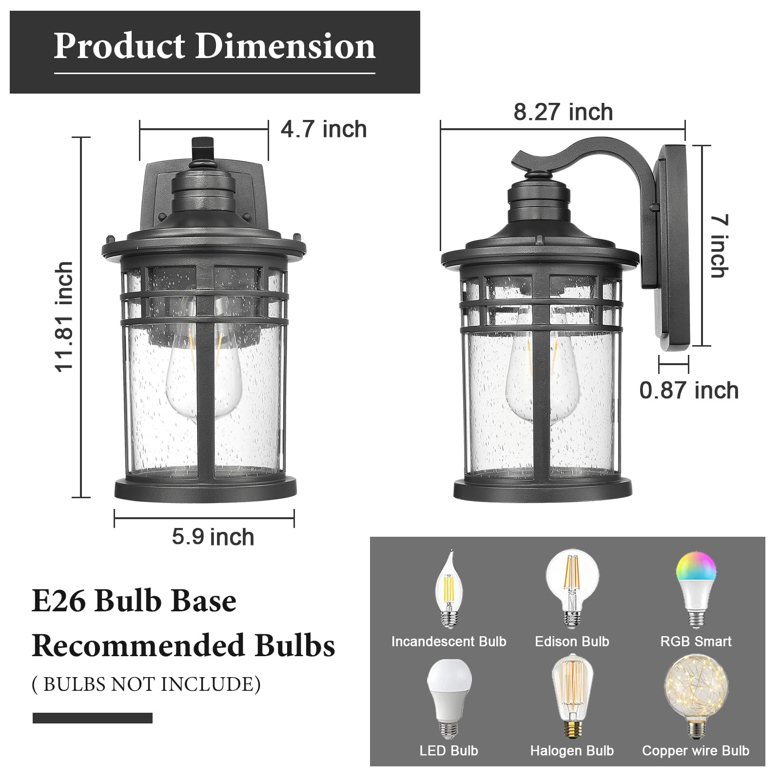 Darkaway Outdoor Porch Lights - Waterproof Wall Sconces with Seeded Glass, 2 Pack, Black, Model 6X20B-2PK BK