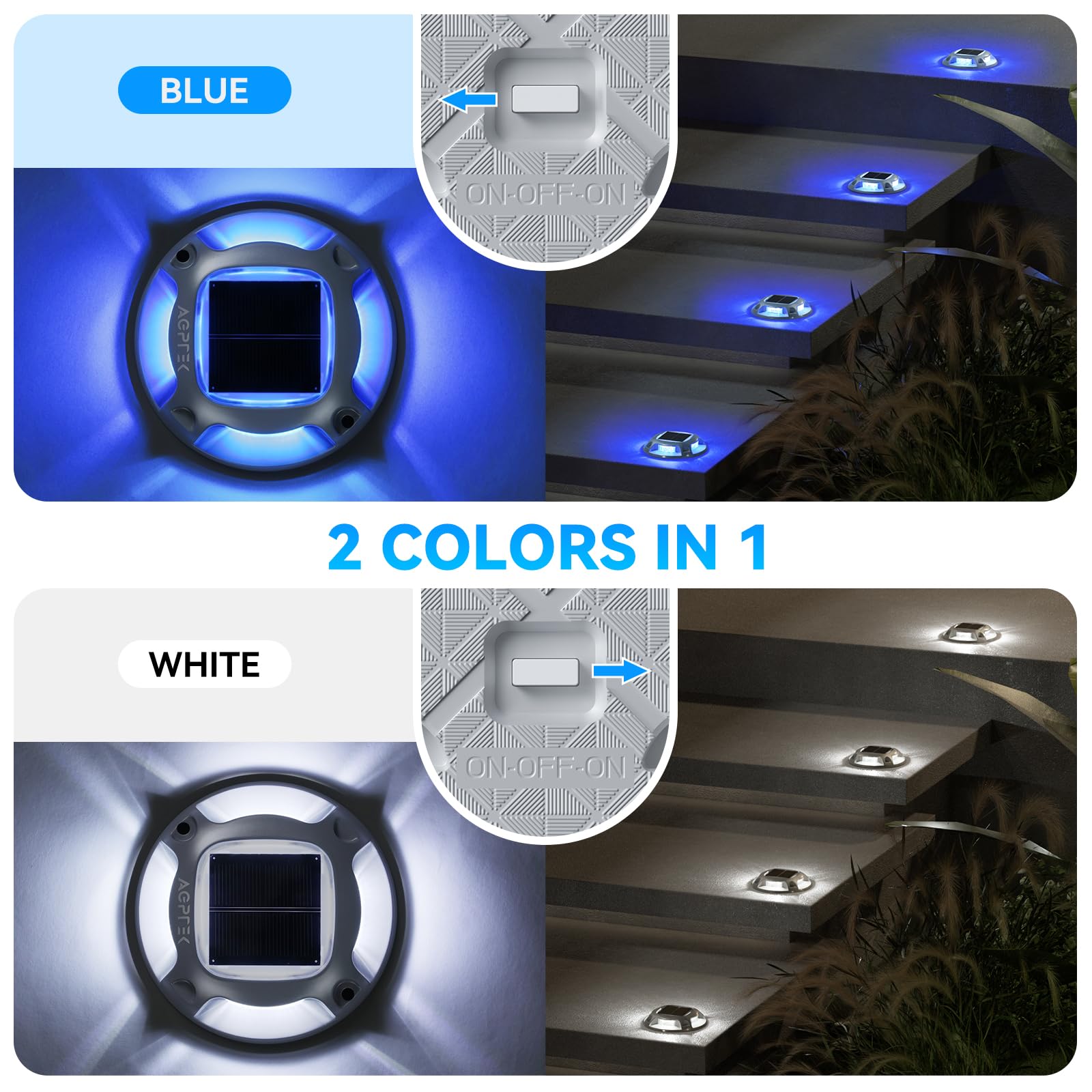 AGPTEK Solar Driveway Lights, 12 Pack, Waterproof LED, Blue & White, Model SLD1SD, Outdoor Deck Dock Marker Lights