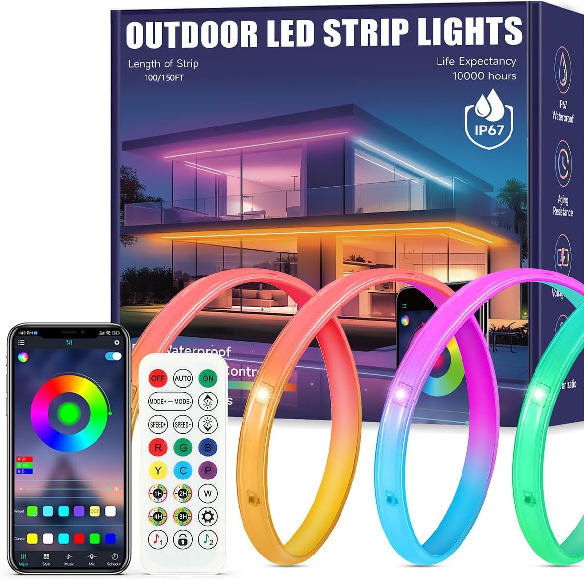 ATHONO Outdoor LED Strip Lights, 150FT RGB Waterproof, IP67, App & Remote Control, Multicolor, Model YadingFSRGB450CM