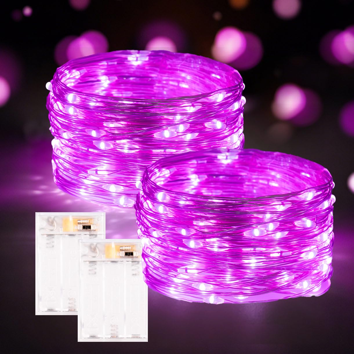 PCORES 2Pack Pink Fairy Lights Battery Operated with Timer, Waterproof 33FT 100LED String Lights Indoor Outdoor for Valentines 