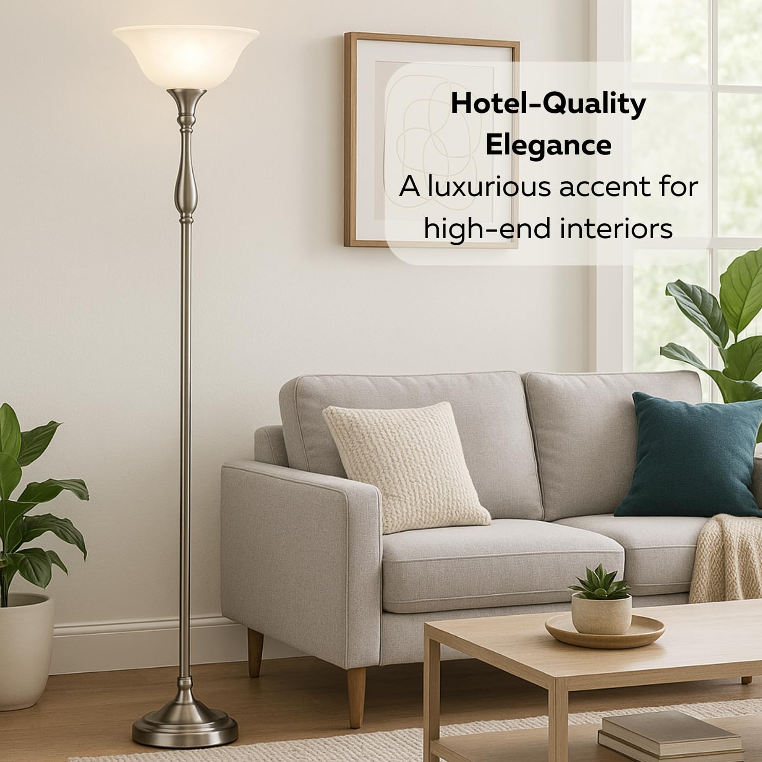 LIGHTACCENTS Floor Lamp 72" Tall Torchiere, Brushed Nickel with Alabaster Shade, Model 16176 - Modern Standing Lamp for Living Room or Bedroom