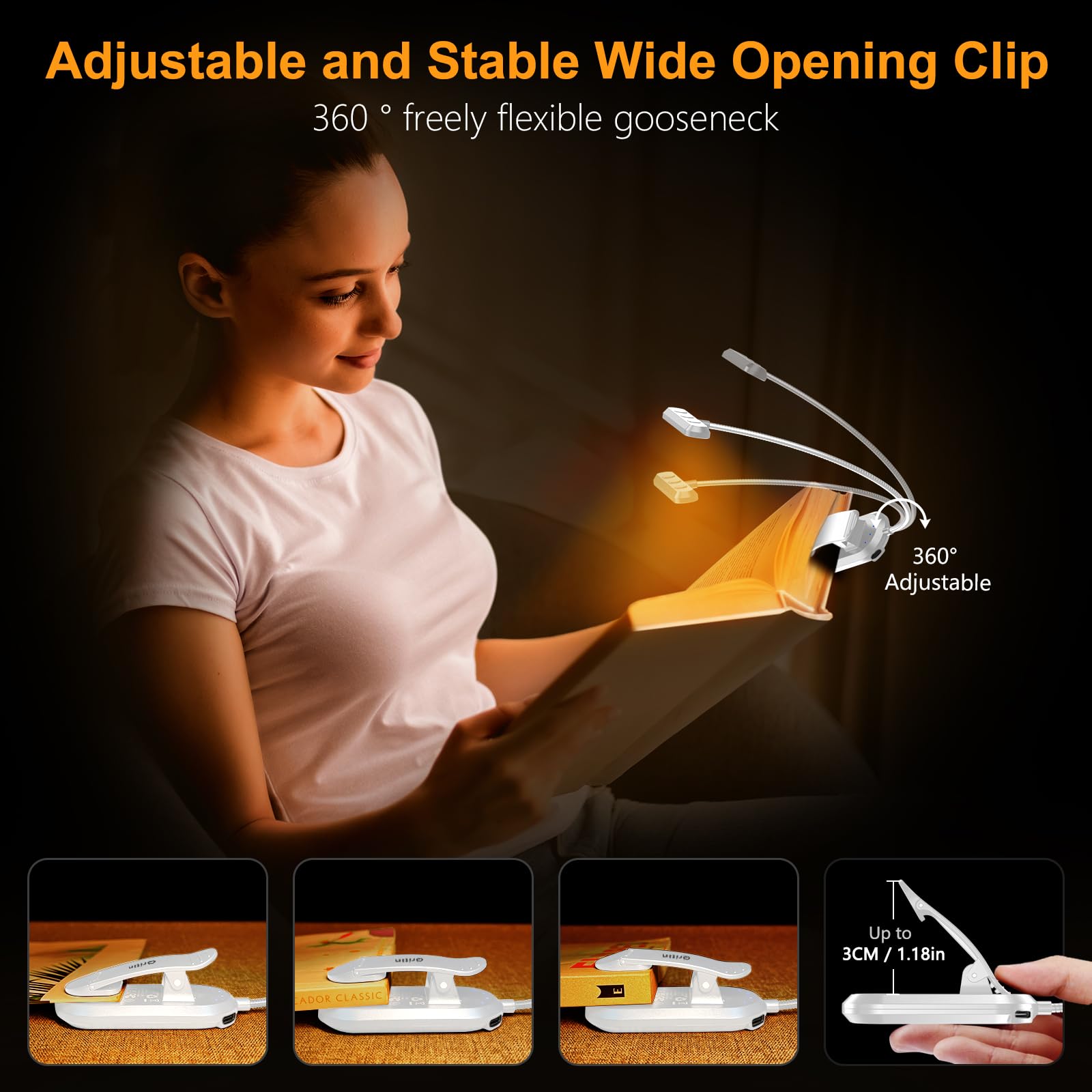 Gritin Rechargeable Book Light For Reading In Bed With 19 Led &Memory Function-Eye Caring 3 Color Temperatures,5 Brightness Levels,80Hrs Runtime Flexible Goose Neck Clip On Book Light-White