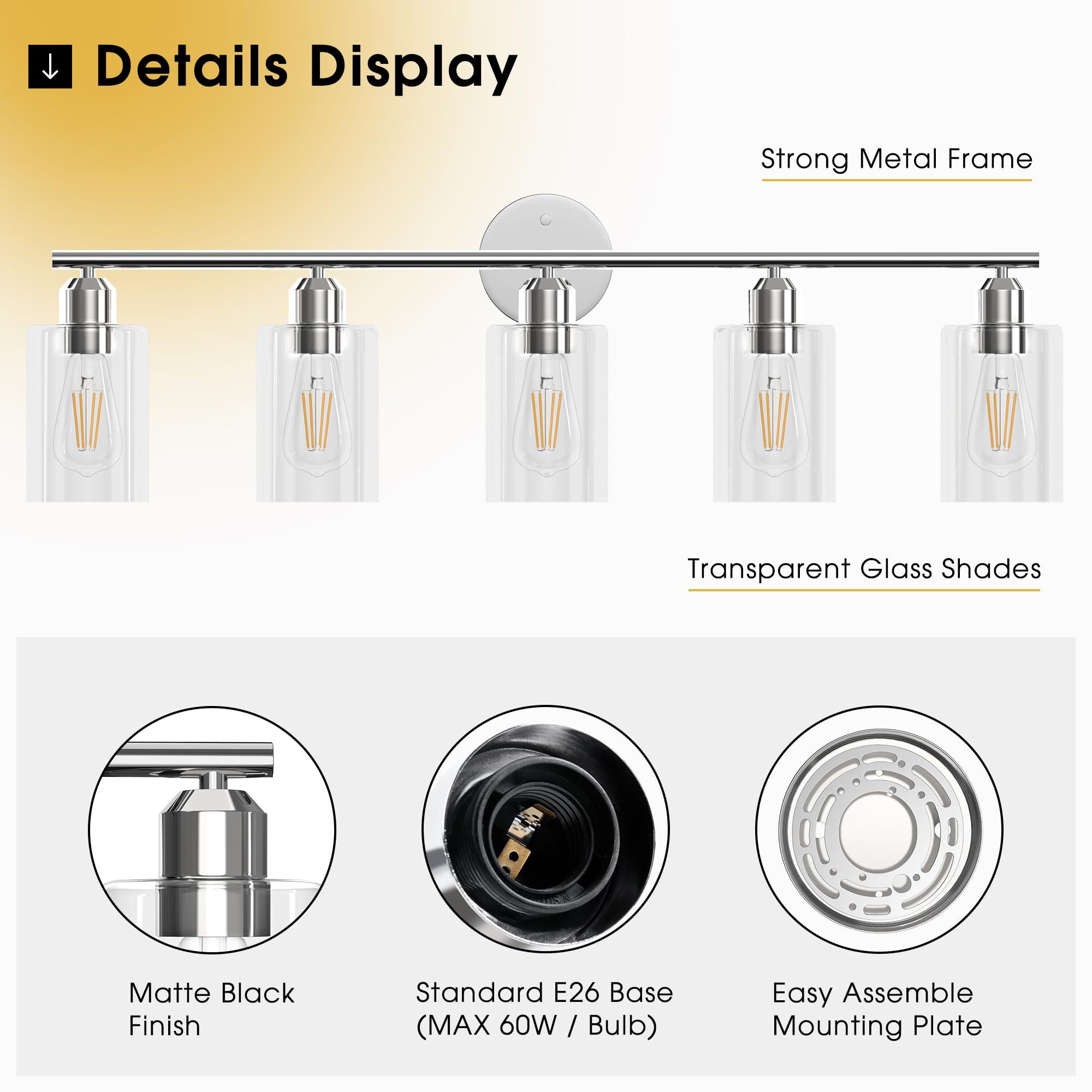 Espird Bathroom Vanity Light Fixture, 5 Lights, Polished Chrome, Modern Design, Model L01-5-GE