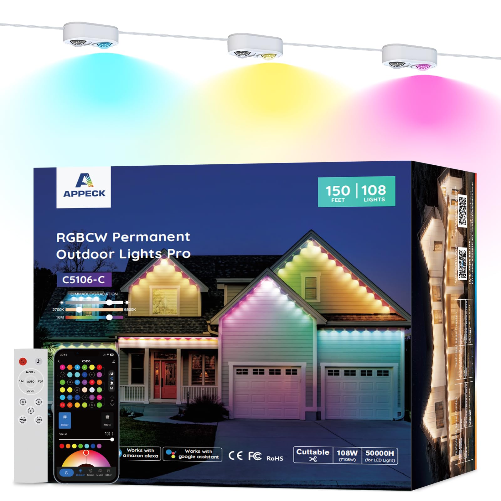 APPECK Permanent Outdoor Lights Pro 150ft, 108W RGBCW Eaves Lights with 108 LED Lights, 80lm, Cuttable, 111 Scene Modes, IP67 Wa