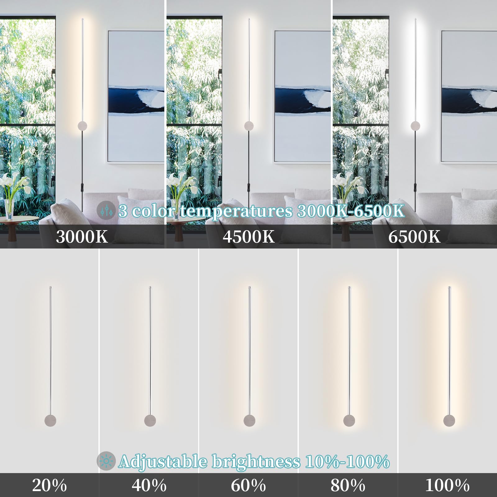 KELUOLY Modern LED Wall Sconces Set of 2, Chrome Dimmable 23.6" Aluminum Lighting for Bathroom, Bedroom, Living Room, Model RYDCT-G60