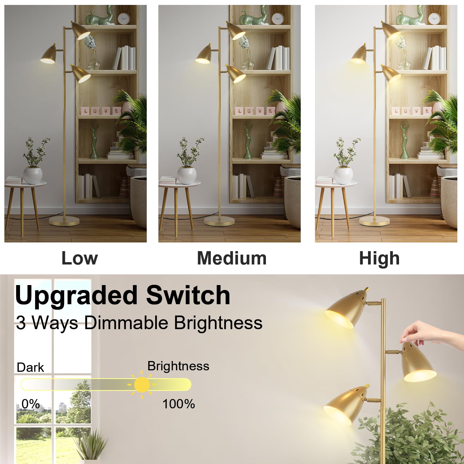 Tree Floor Lamp For Living Room, Industrial 3-Light Standing Lamp With 3 Led Bulbs, Adjustable Rotation Heads, Standing Tall Pol