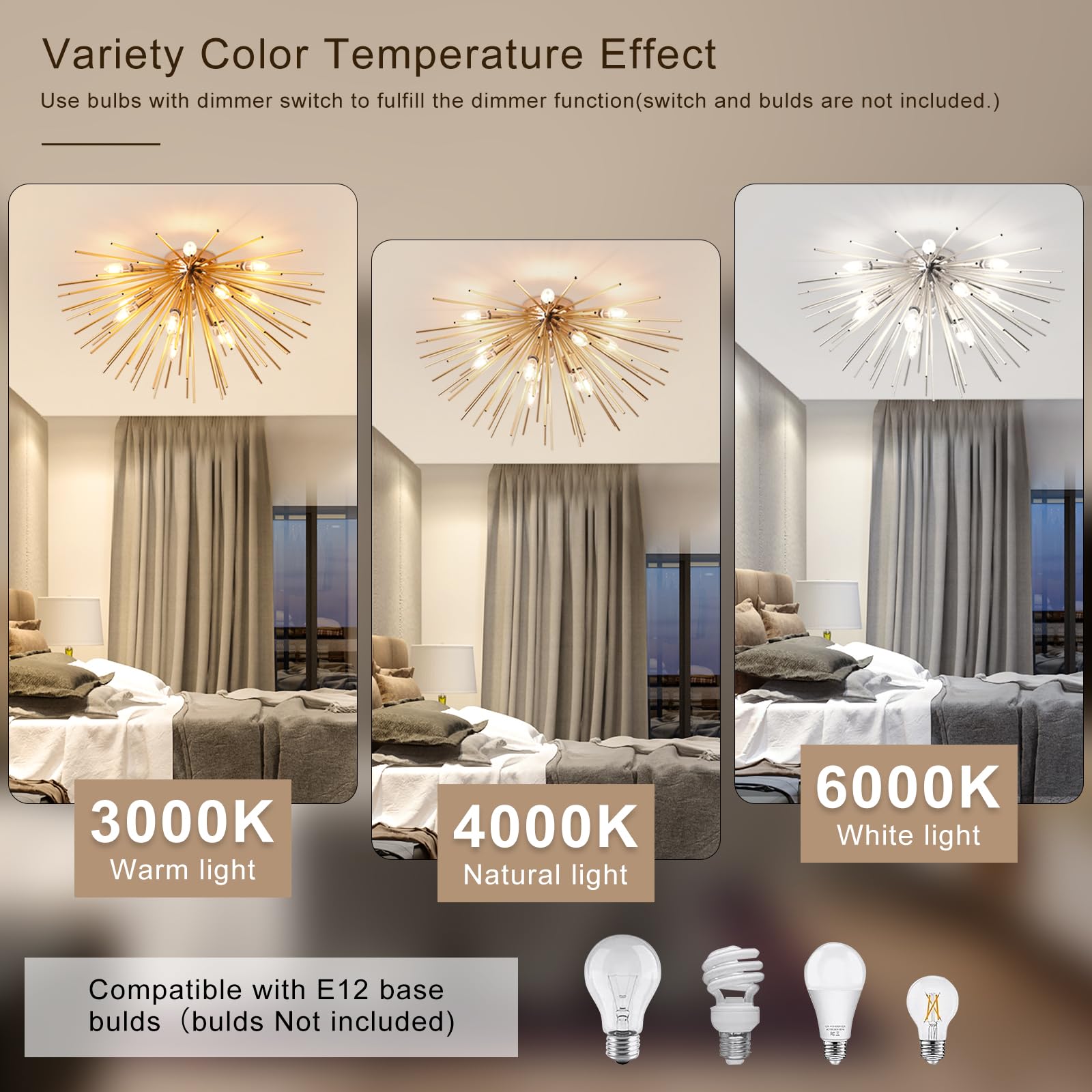 Jaycomey Sputnik Ceiling Light Fixtures, Mid-Century 12 Lights Gold Firework Ceiling Light, Modern Semi Flush Mount Ceiling Lamp