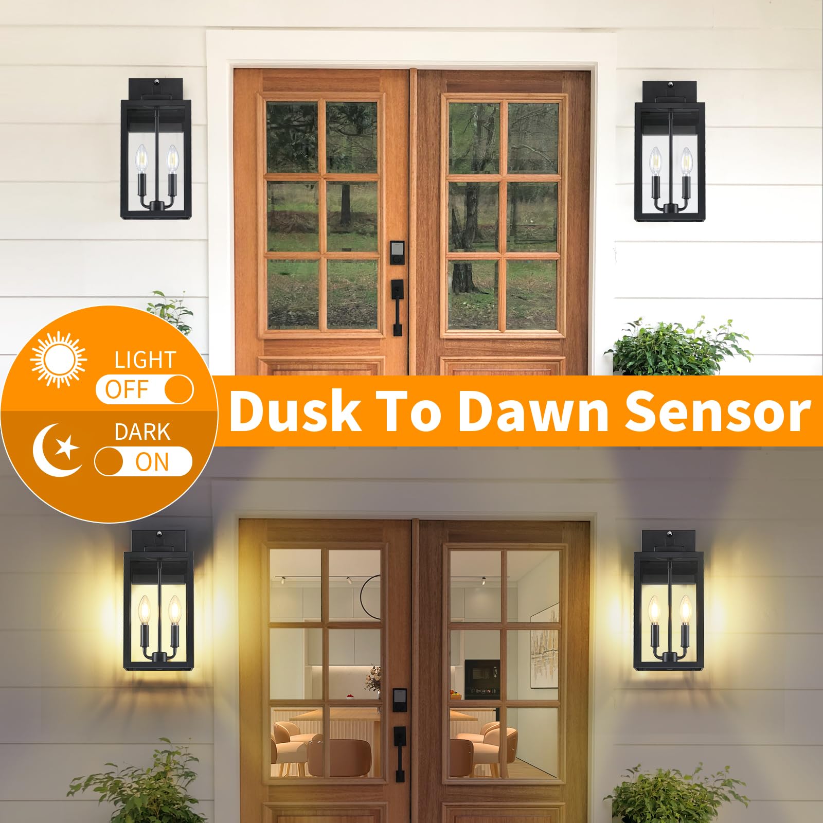 15.4&quot; Dusk To Dawn Black Outdoor Wall Lantern 2-Light, Outside Modern Wall Sconce Light Fixture, Industrial Porch Light Wall Mount With E12 Sockets, Waterproof Exterior Lamp Lighting, 1 Pack