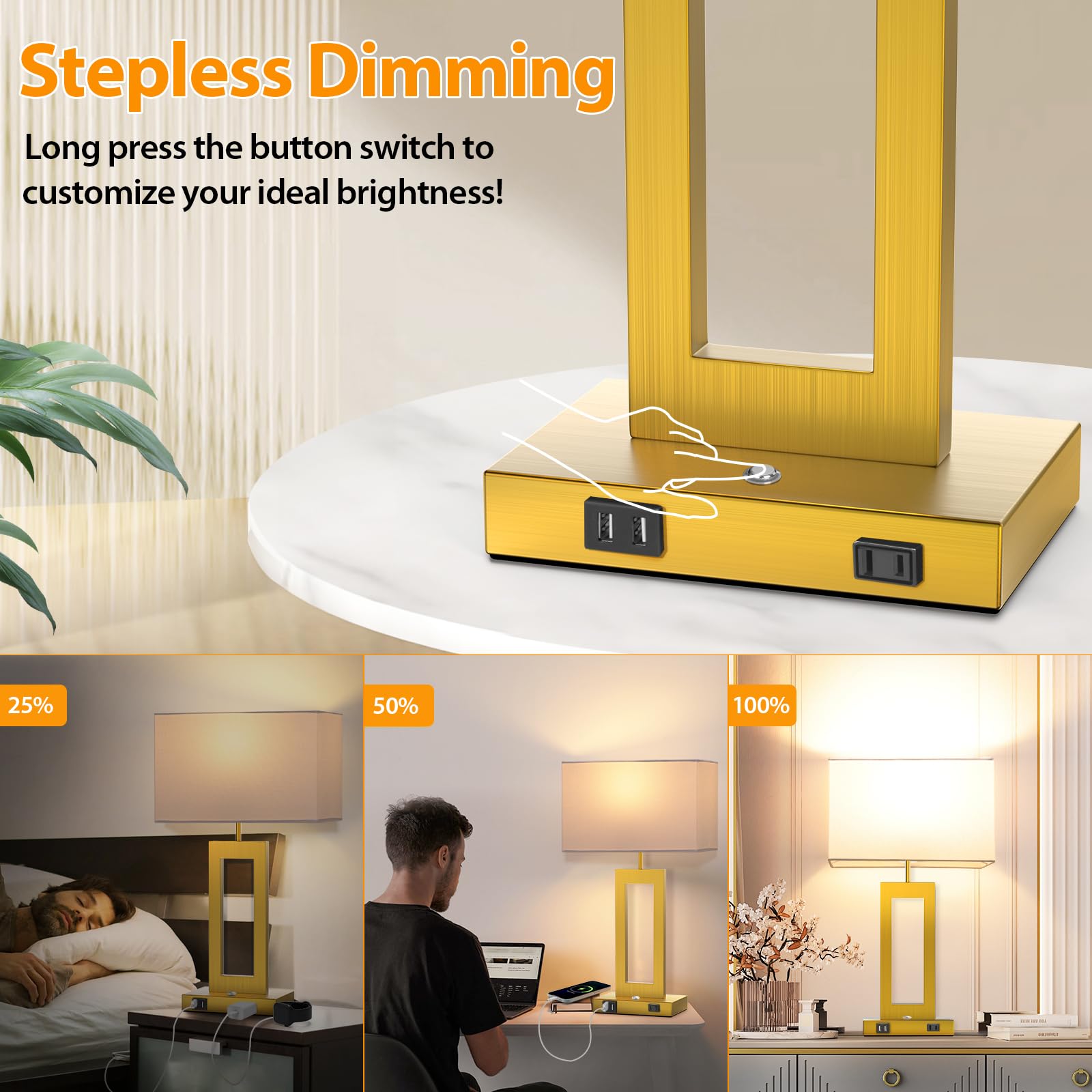 Kondras 22" Touch Control Table Lamps Set of 2, Gold, Dimmable, 3 Color Temperatures, USB Ports, Model T0344A-BRASS+WH