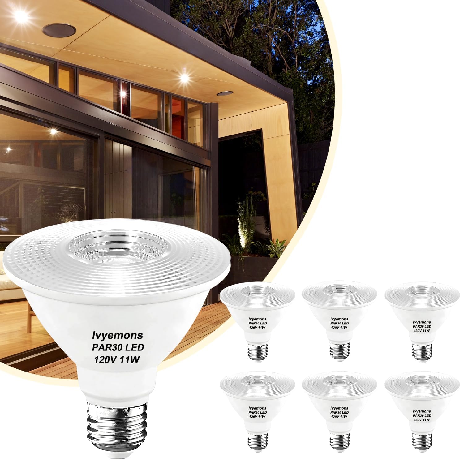Ivyemons 6 Pack PAR30 Short Neck LED Bulb, 2700K Warm White, 11w E26 Waterproof Flood Light Bulb(75 Watt Equivalent), 850 Lumens