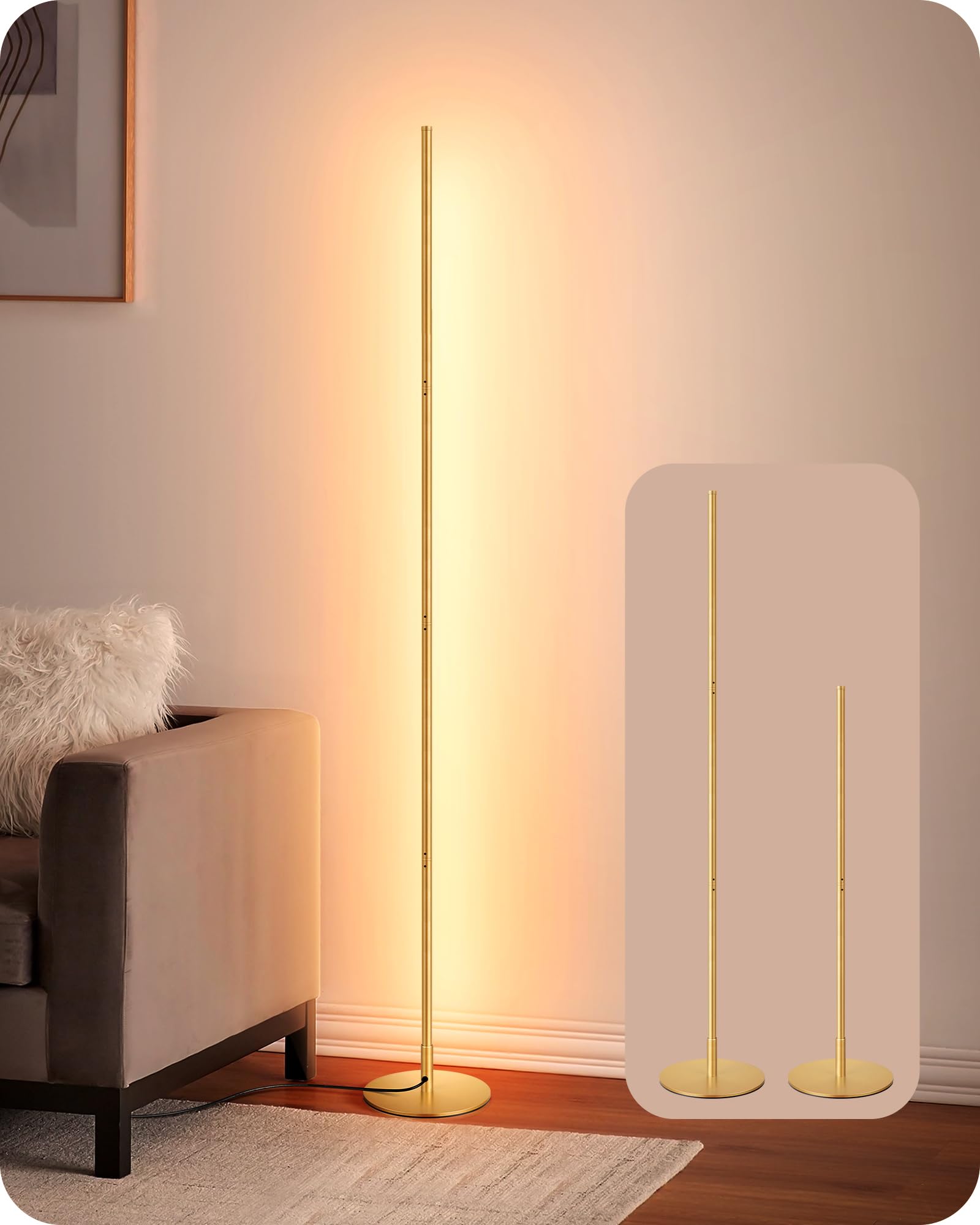 EDISHINE LED Corner Floor Lamp, Modern Slim Dimmable, Adjustable Height 57.5in, Gold, Model HFLCB1A