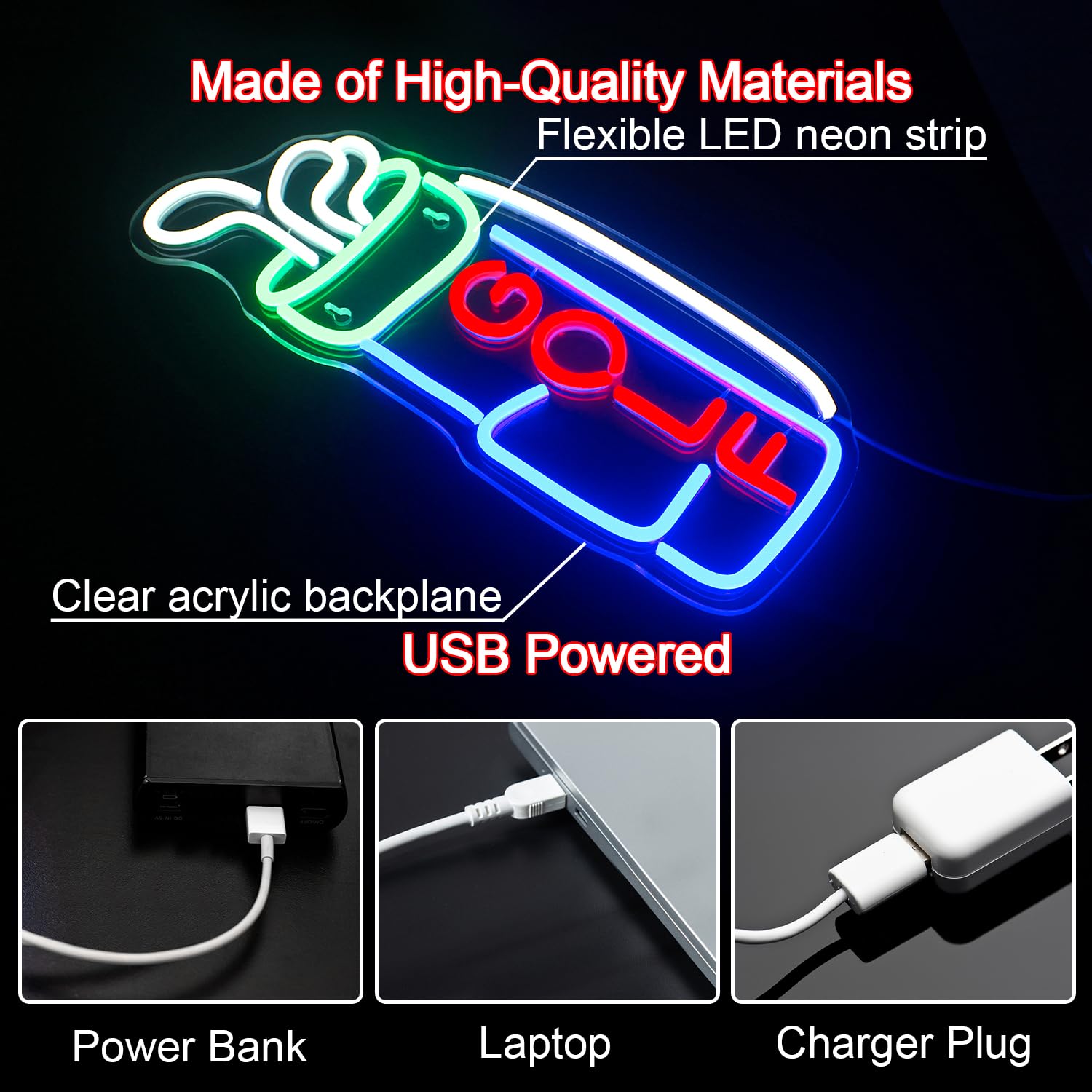 Horseneon Golf Neon Sign - USB Powered Acrylic Wall Decor for Golf Club - Creative LED Backdrop Light
