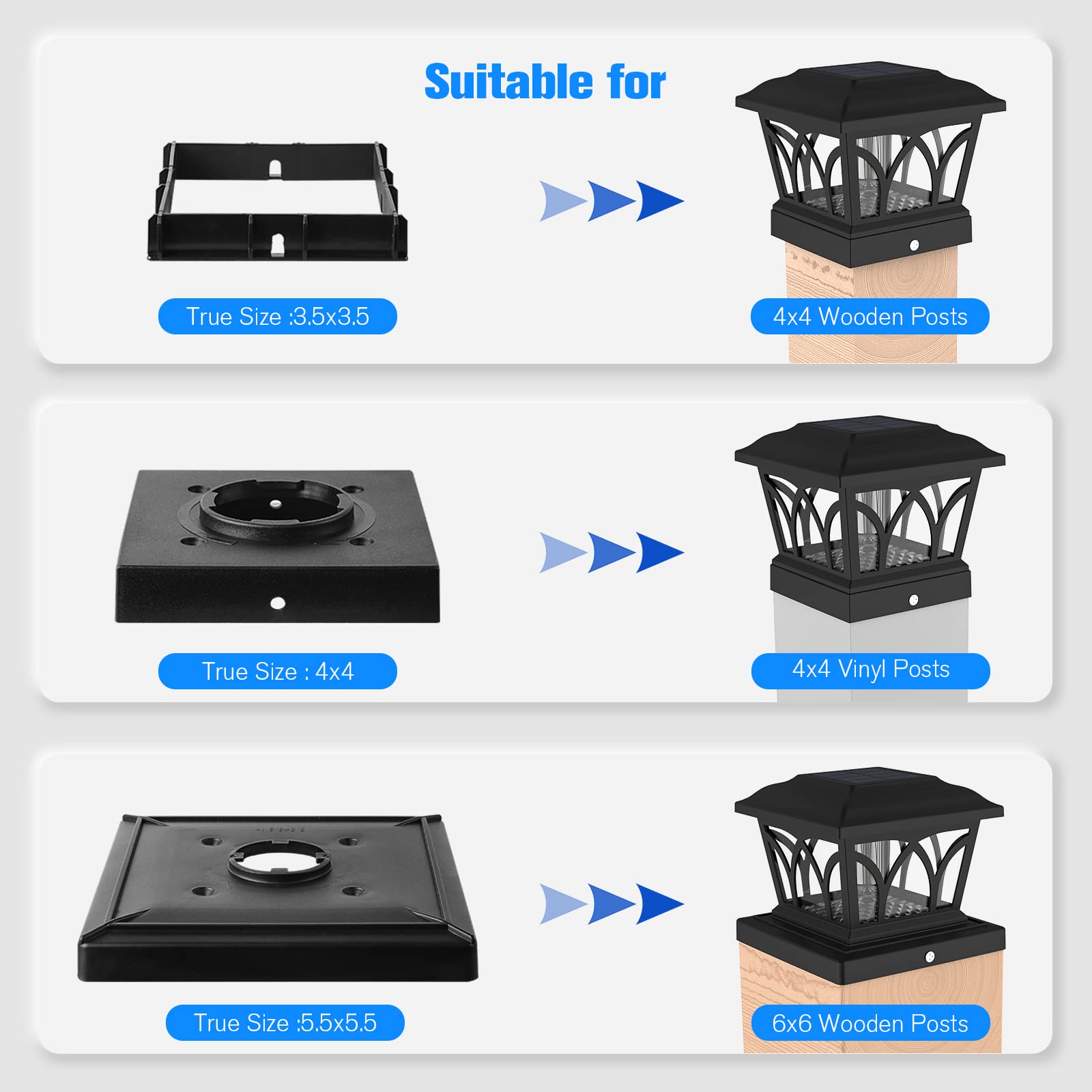 VOLISUN Solar Post Cap Lights 8-Pack, Black, with Edison LED Bulbs, 2 Brightness Settings, Fits 4x4 & 6x6 Posts, Model B0C
