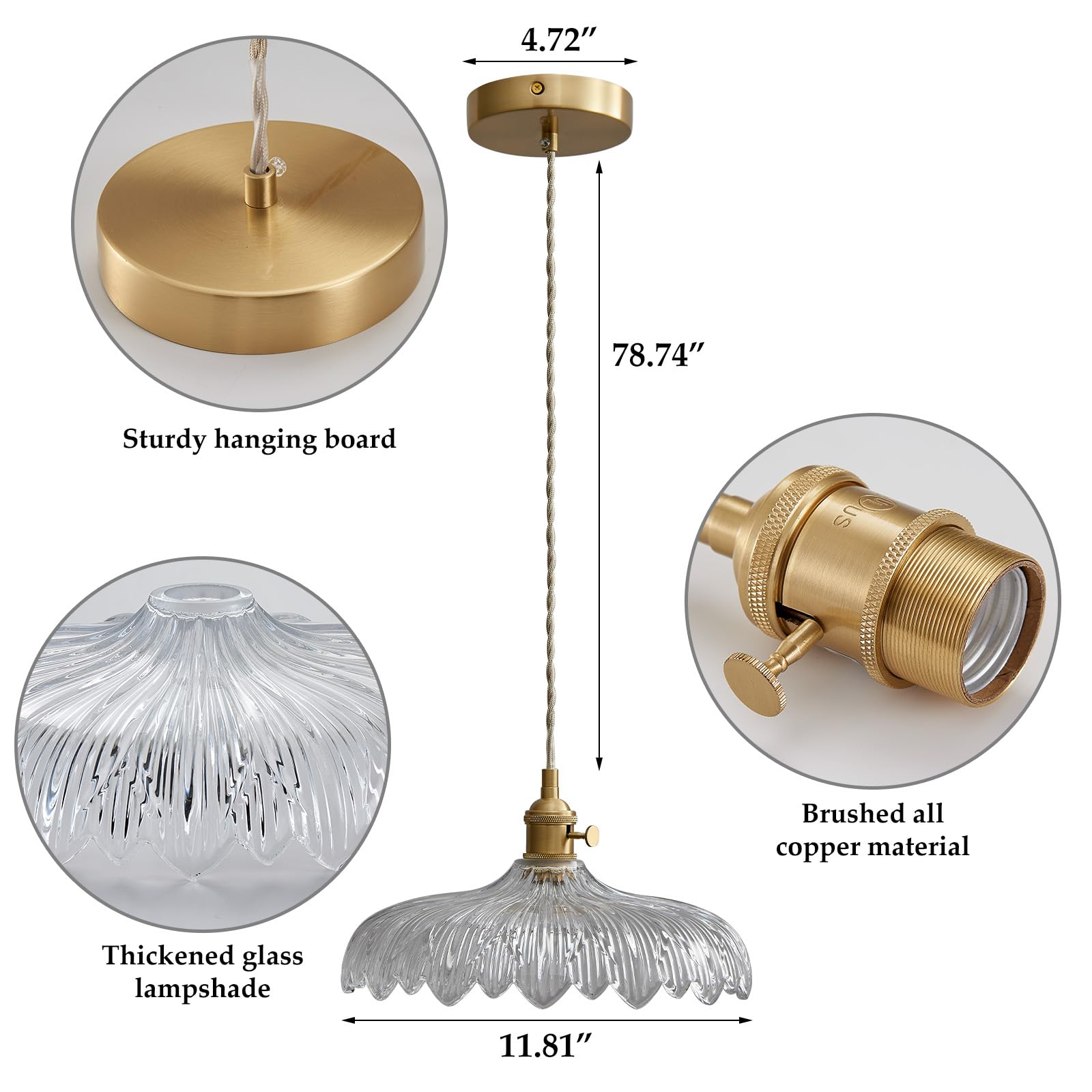 Oyisen Pendant Lights, 11.8 Inch Hanging Light Adjustable Hanging Lamp Clear Flower Glass Shade Pendant Light Fixture Kitchen Pe