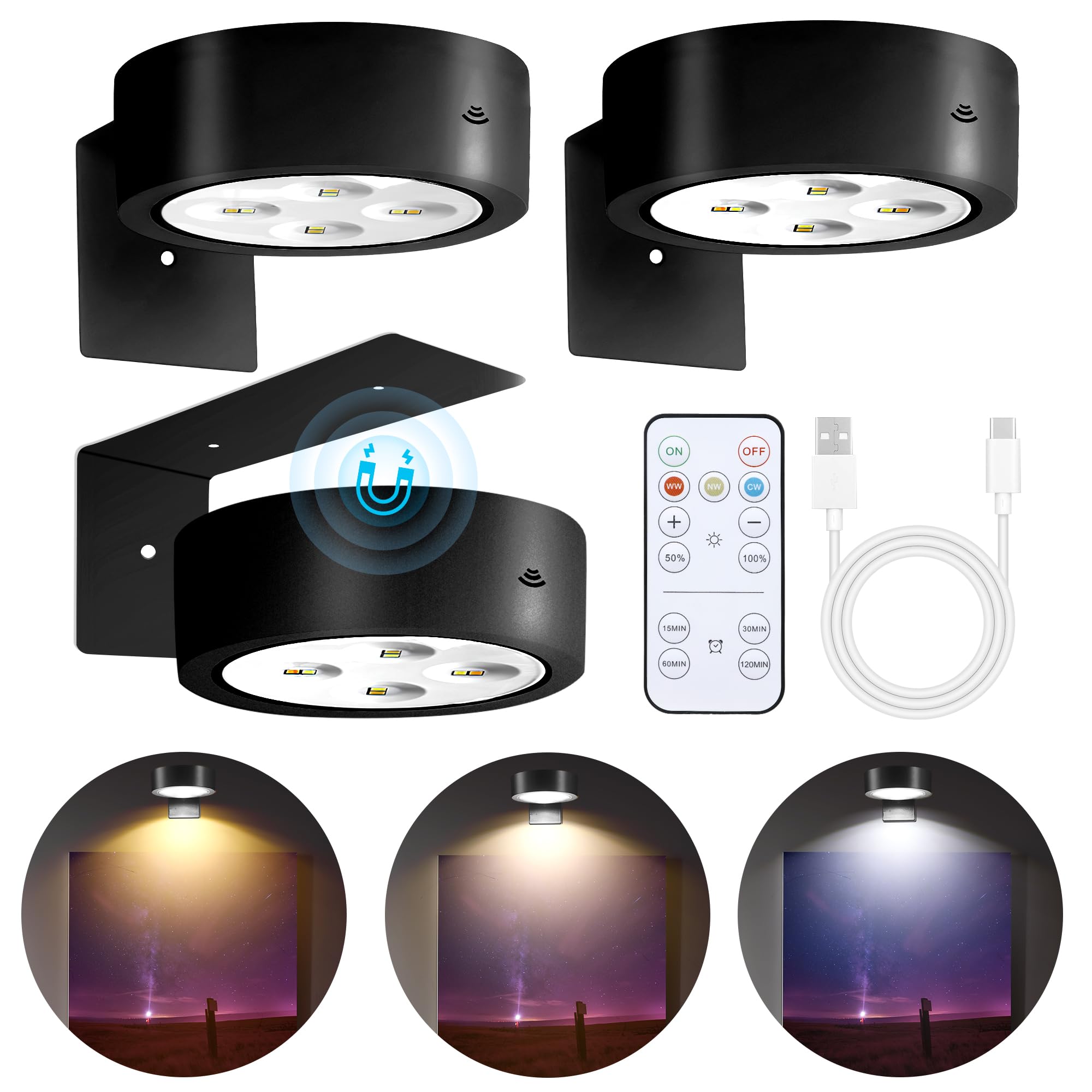 3-Pack Picture Lights for Wall, Rechargeable Battery Operated LED Painting Light with Remote Control Dimmable & Timer, 3 CCT Mag