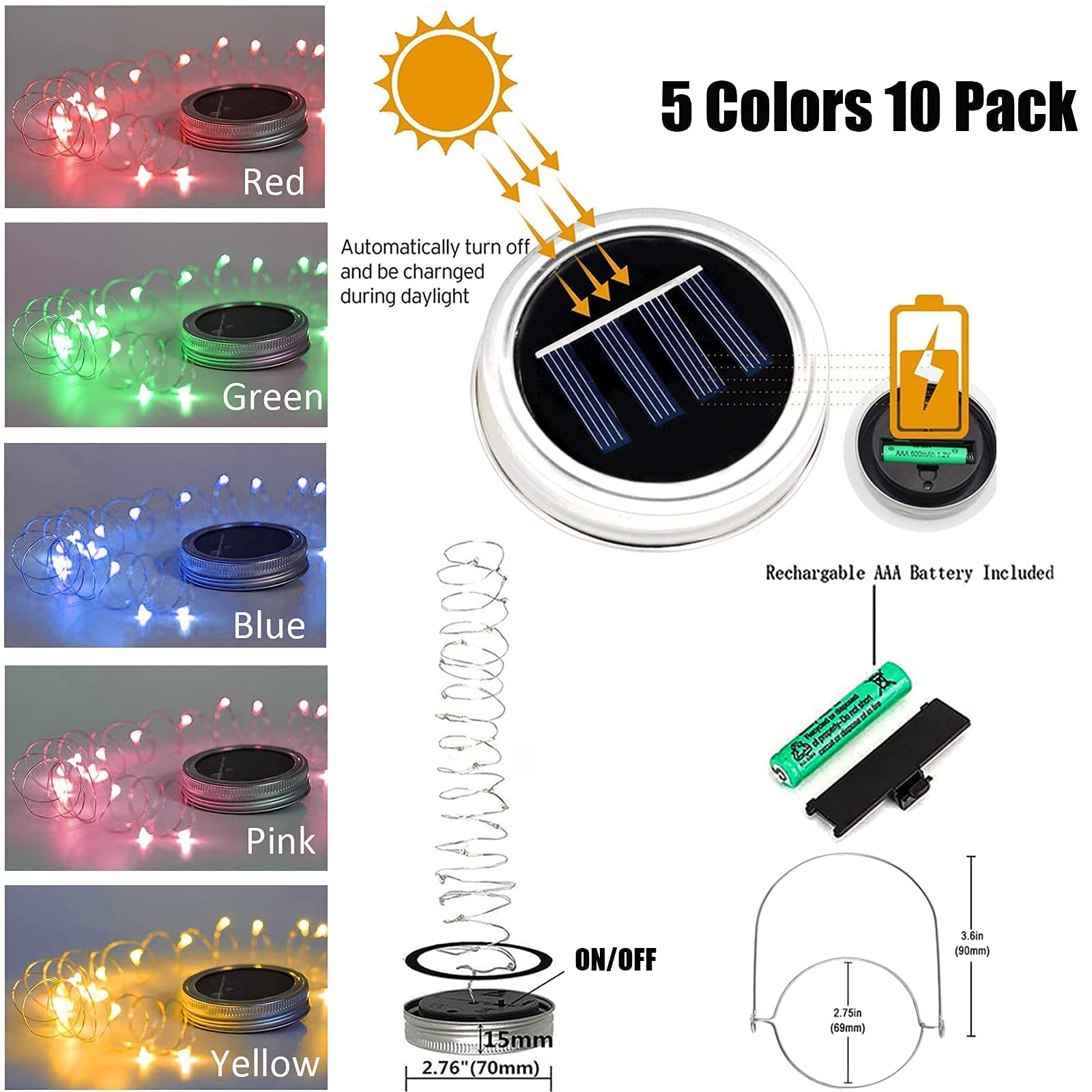 10 Pack 30 Led Solar Mason Jar Lid String Lights,Fairy Lights String Lids Lights Including 10 Pcs Hangers,For Indoor Outdoor Wed