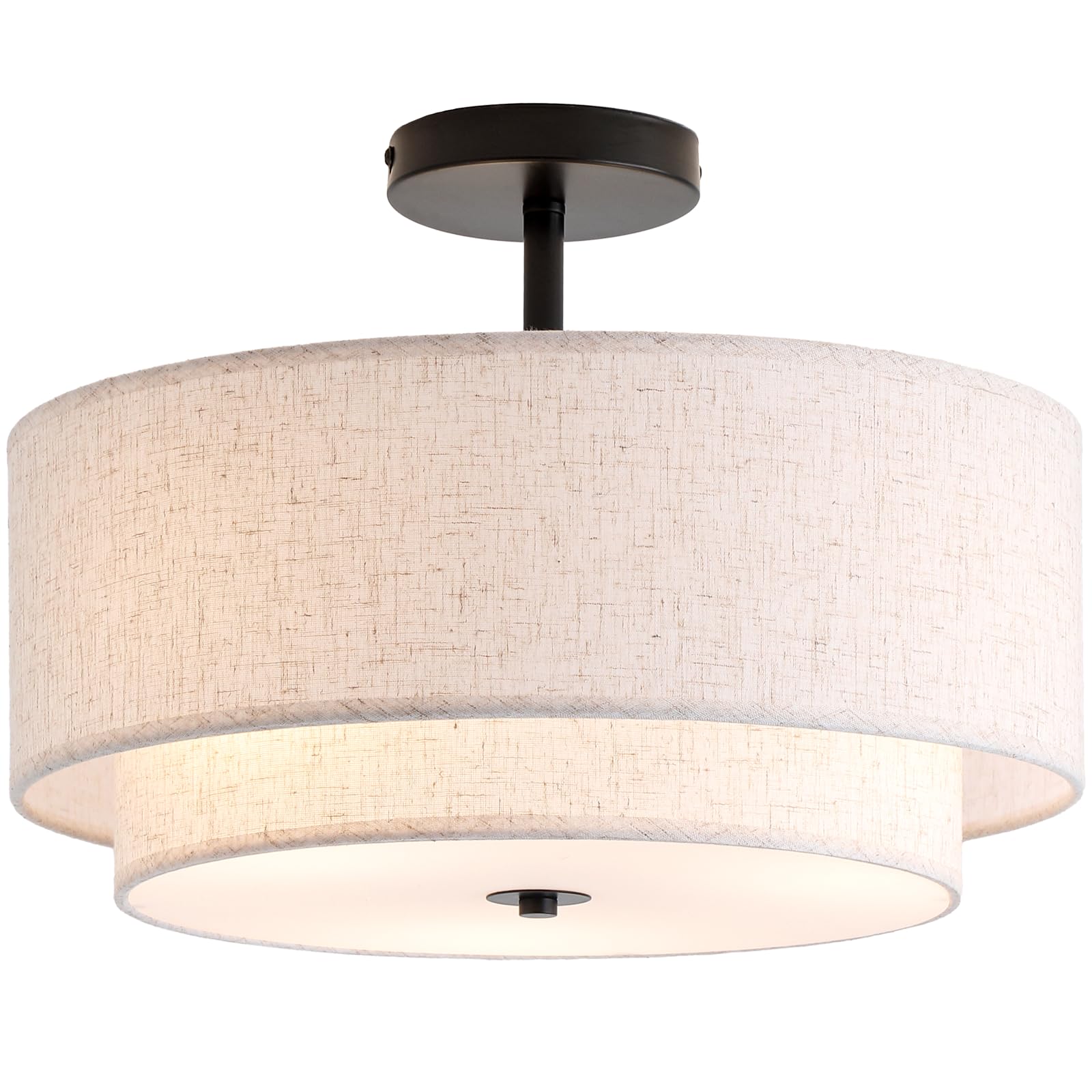 Calokes 16" Double Drum 3-Light Semi Flush Mount Ceiling Light, Classic Fabric Linen Shade Design For Living Room, Bedroom, Kitchen, Dining Room, Hallway And Entryway
