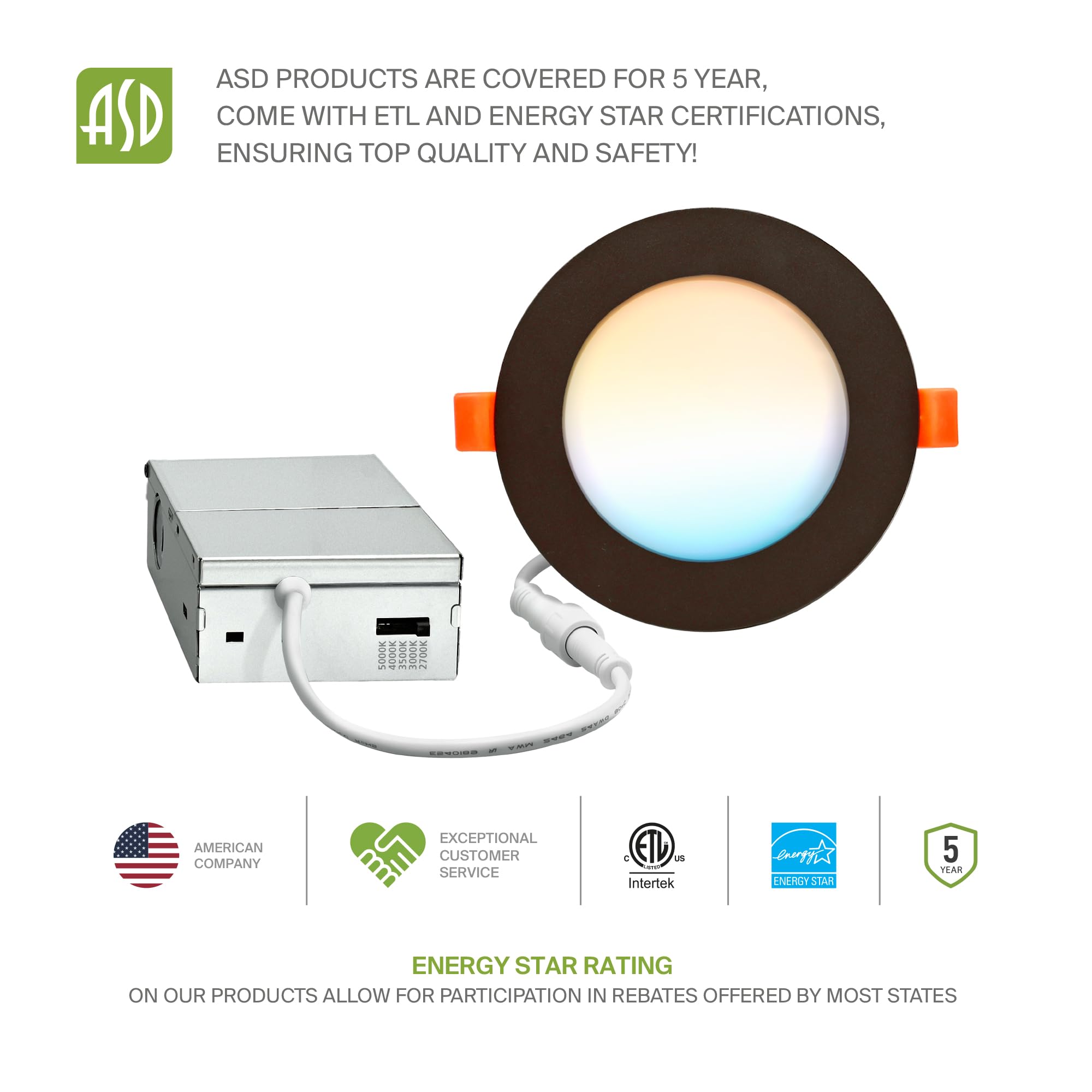 Asd 6 Pack Led Recessed Lighting 4 Inch 9W  5 Cct 2700K-5000K Cri90+  Ic Rated Ultra Thin Dimmable Ceiling Lights With J Box  Canless Wafer Downlight  Round Slim Panel Light  Energy Star Etl  Bronze