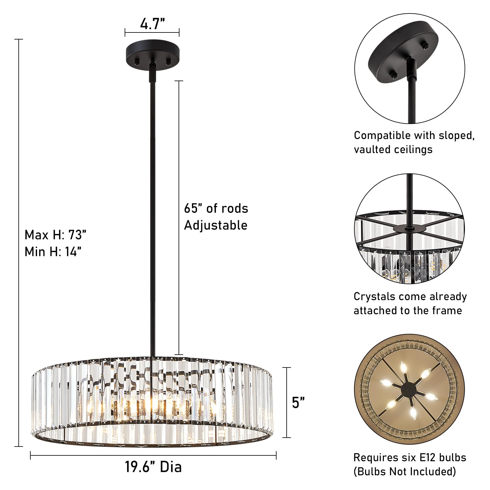 Yurnyq Black Crystal Chandelier For Dining Room, 6-Light Modern Semi Flush Mount Chandelier Lighting Fixtures, Round Kitchen Han