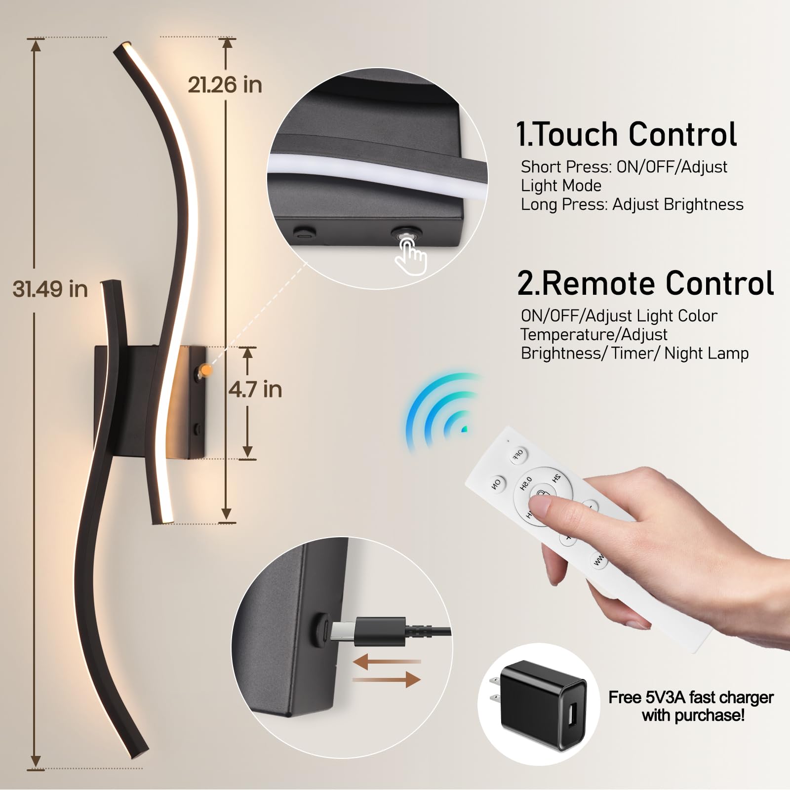 Battery Operated Wall Sconces Set of 2, Dimmable Rechargeable Battery Wall Light with Remote Control, 3000K-6500K LED Black Wire