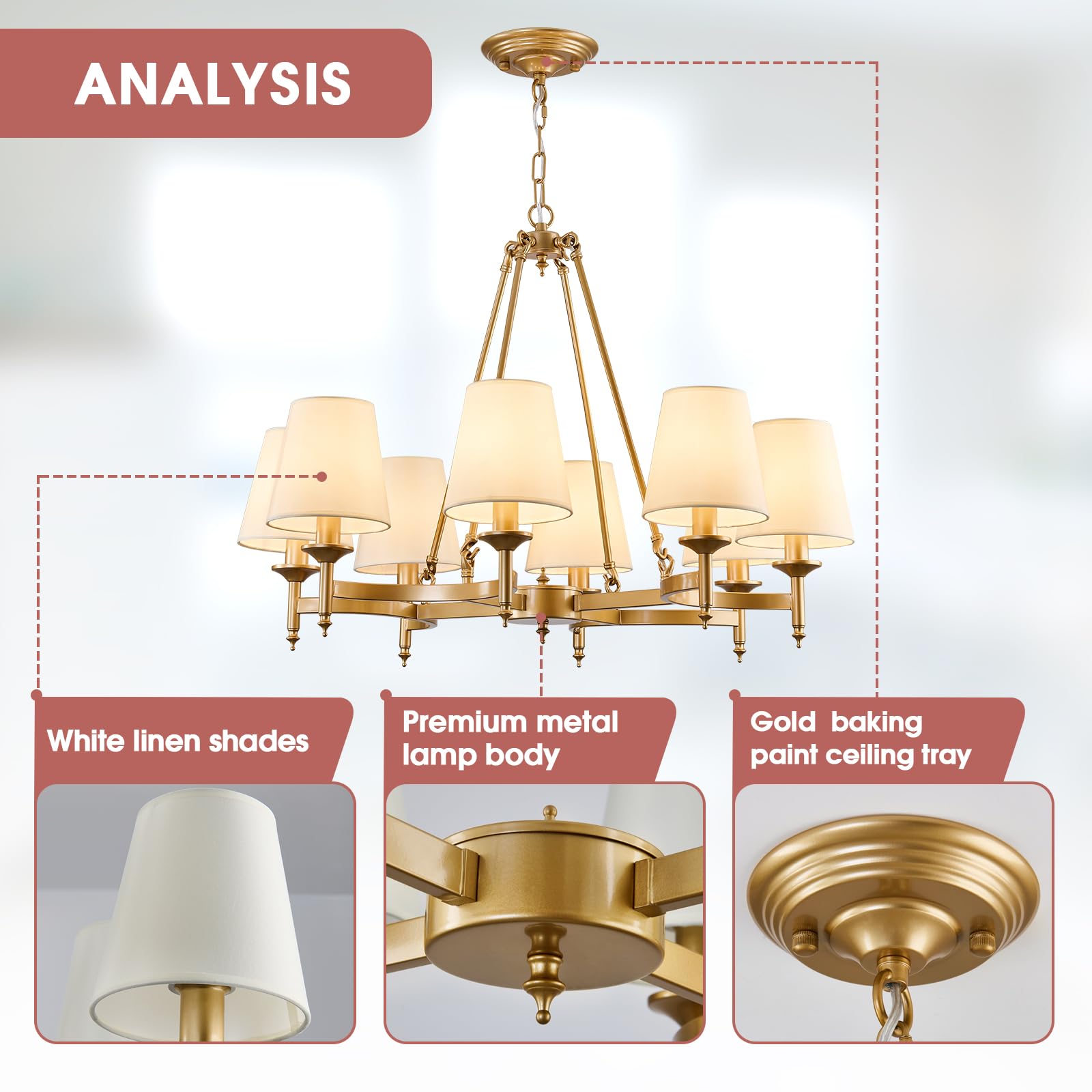 Qgiytp 8-Light Gold Chandelier, Industrial Iron Pendant Light with White Linen Shade for Dining Room, Kitchen, Living Room, Model U-2282