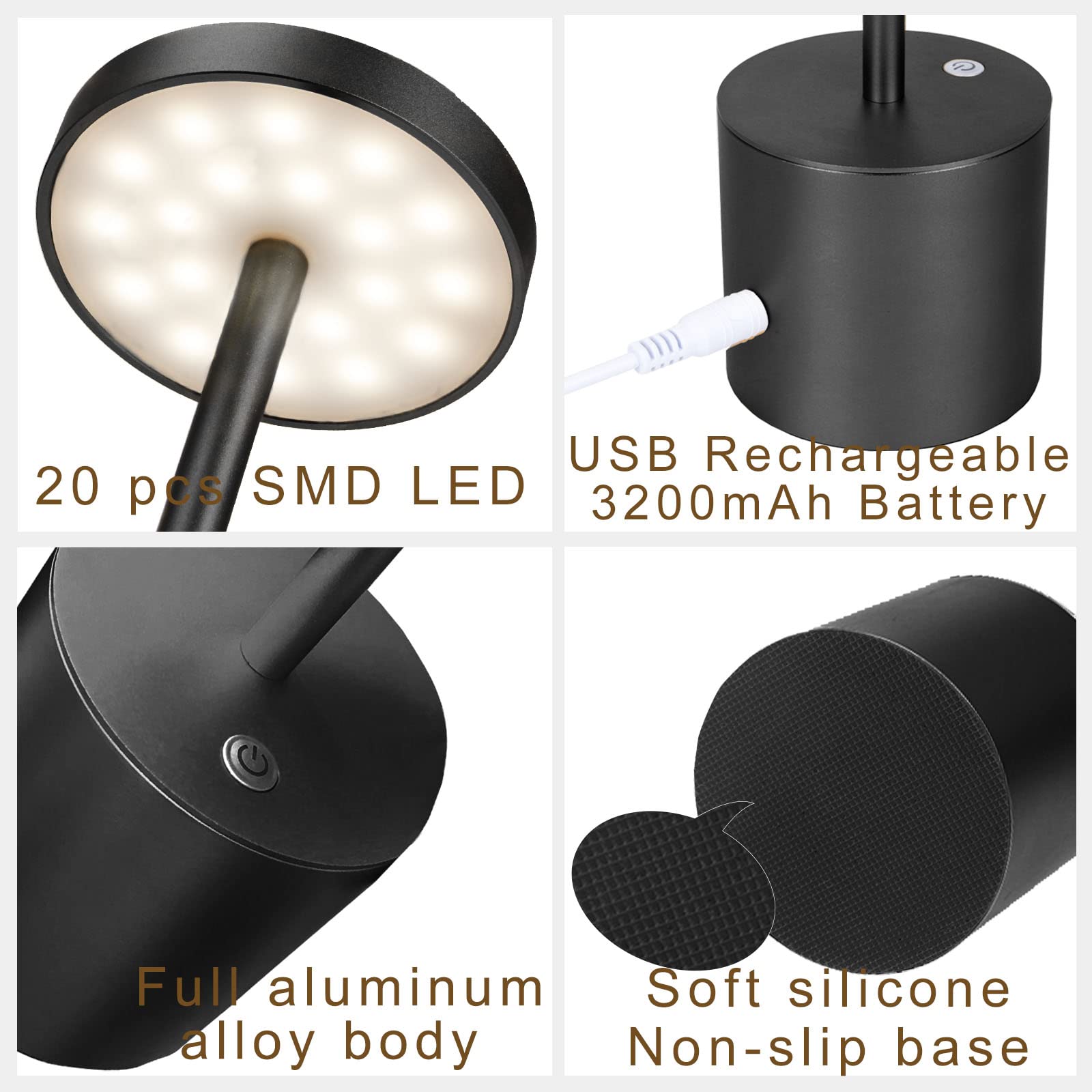 Yiben Cordless Table Lamp - 5000Mah Rechargeable, Usb, 2 Brightness Levels, Black Aluminum