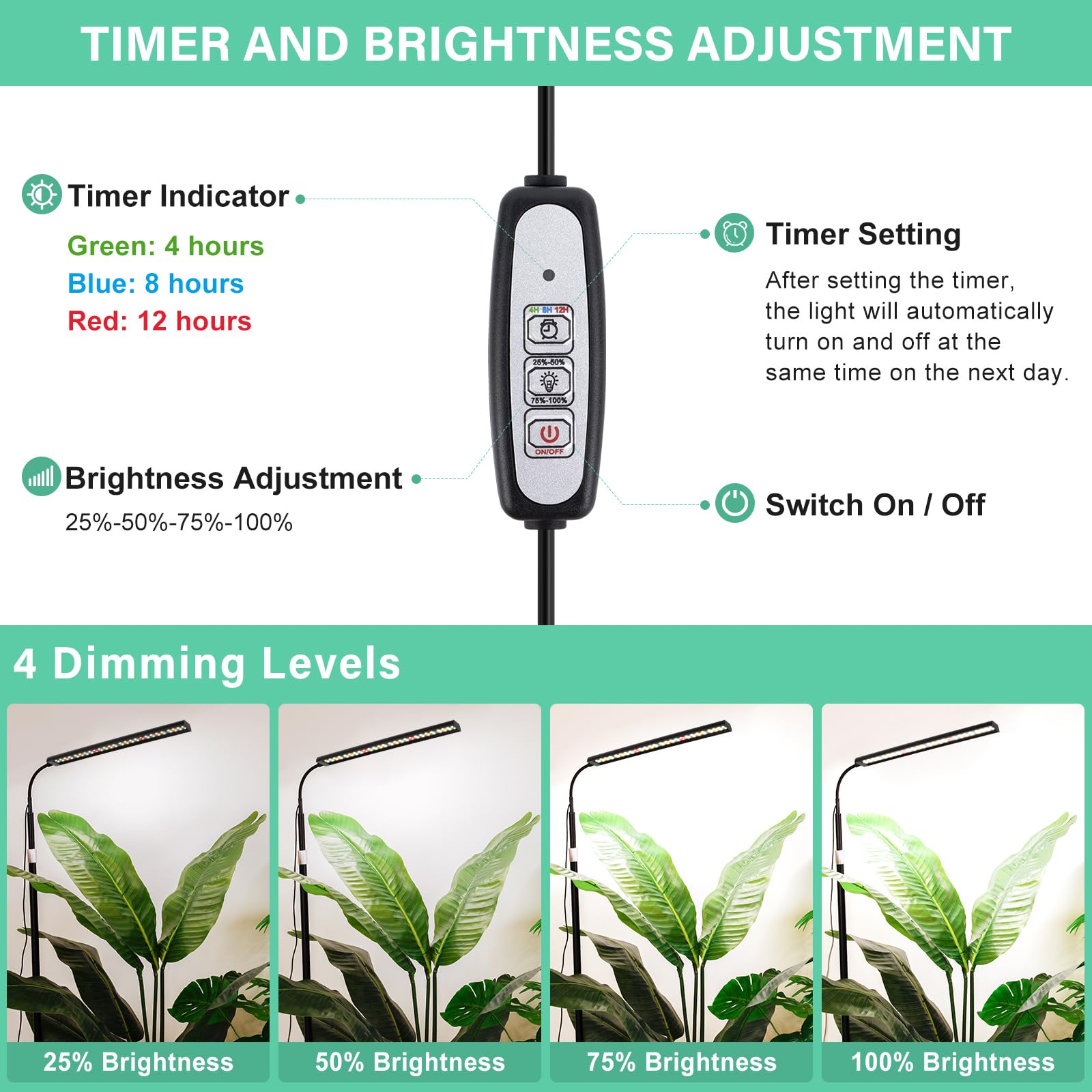 Foxgarden® Grow Light, Full Spectrum Plant Light Strip With Extendable Stand For Indoor Plants, 47.2-63 Inches Height Adjustable, Auto On/Off Timer 4/8/12H, Flexible Gooseneck, 4 Dimmable Brightness