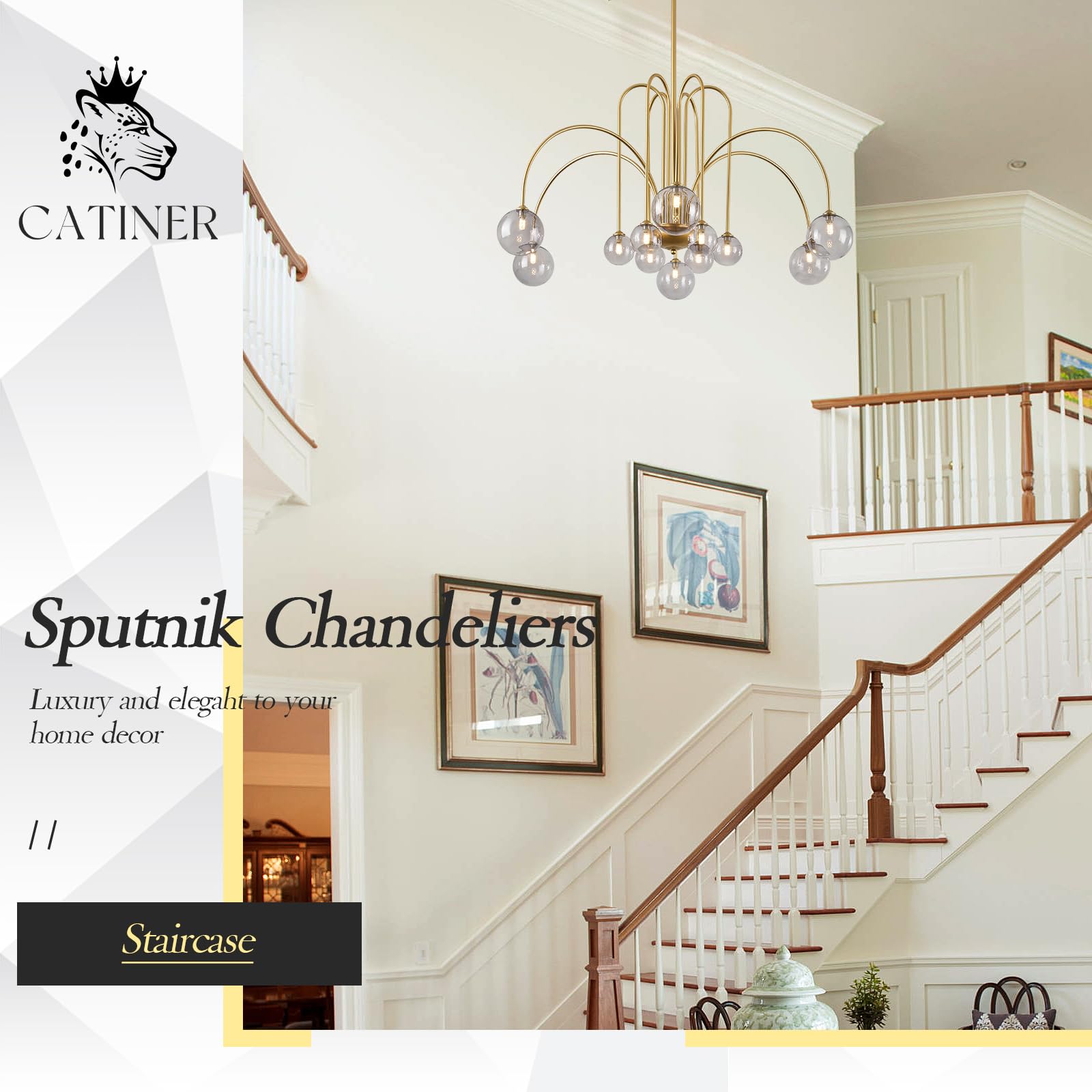 CATINER Gold Sputnik Chandelier, 12 Lights, Smoke Glass Shades, Large 52”, Model P93-12GB1, Modern Ceiling Pendant for High Ceilings