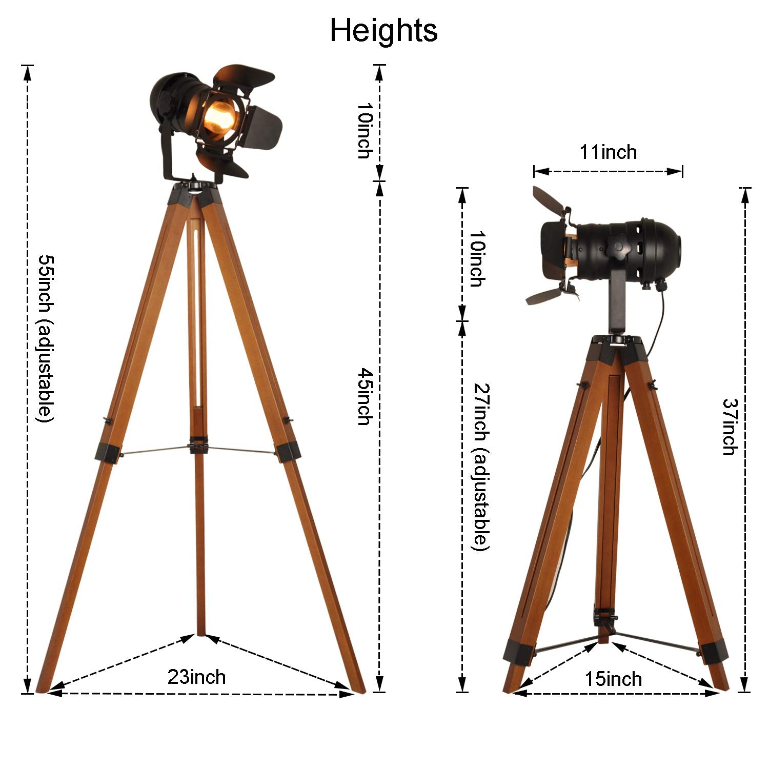 DEC LUCE Decoluce Vintage Tripod Floor Lamp, Adjustable Height, Metal, Black & Brown, Model DL-LIGHT, Retro Cinema Style for Home Decor
