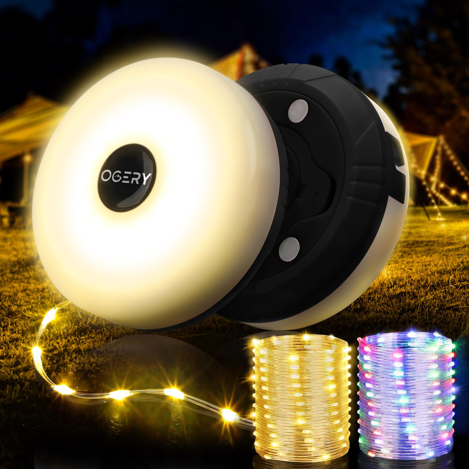 Ogery 2-Pack Camping String Lights, 32.8Ft Rechargeable Led, 8 Modes, Waterproof, Black, Model Og-L-Bl-T