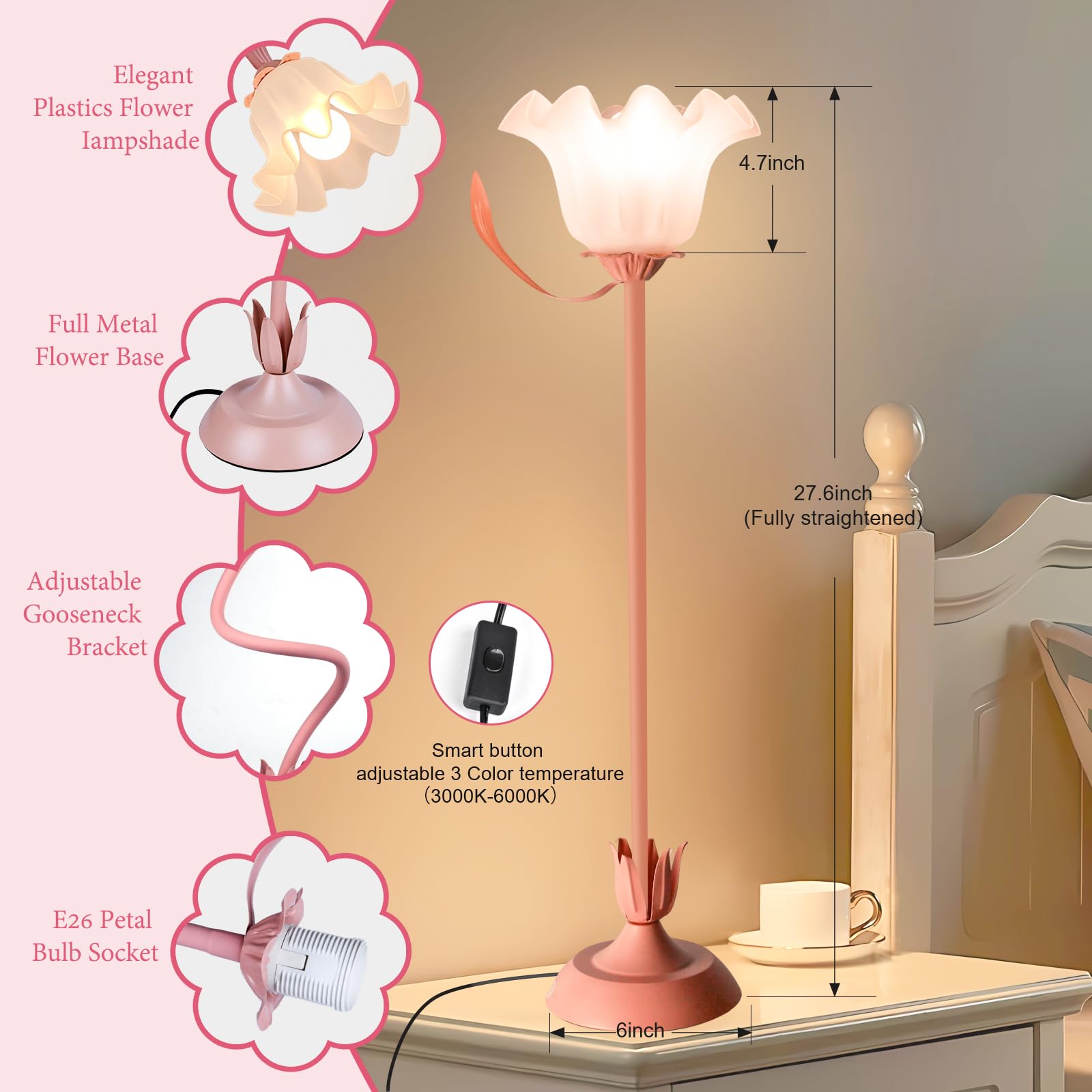 Cute Flower Desk Lamp, Bedside Vintage Flower Lamp With Led Bulb, 3 Colors Temperature Flower Lamp For Bedroom Living Room Desk