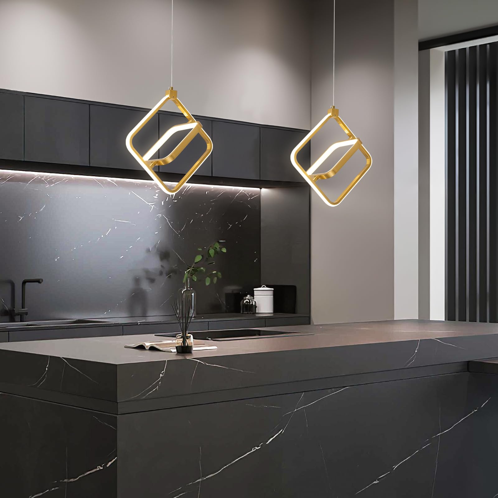 Bnhhlz Modern Led Chandelier Gold Rectangular Pendant Light Fixtures 4000K 20W Dimmable Height Adjustable Pendant Lighting For Dining Room Kitchen Island Bedroom Living Room Foyer(2-Pack)