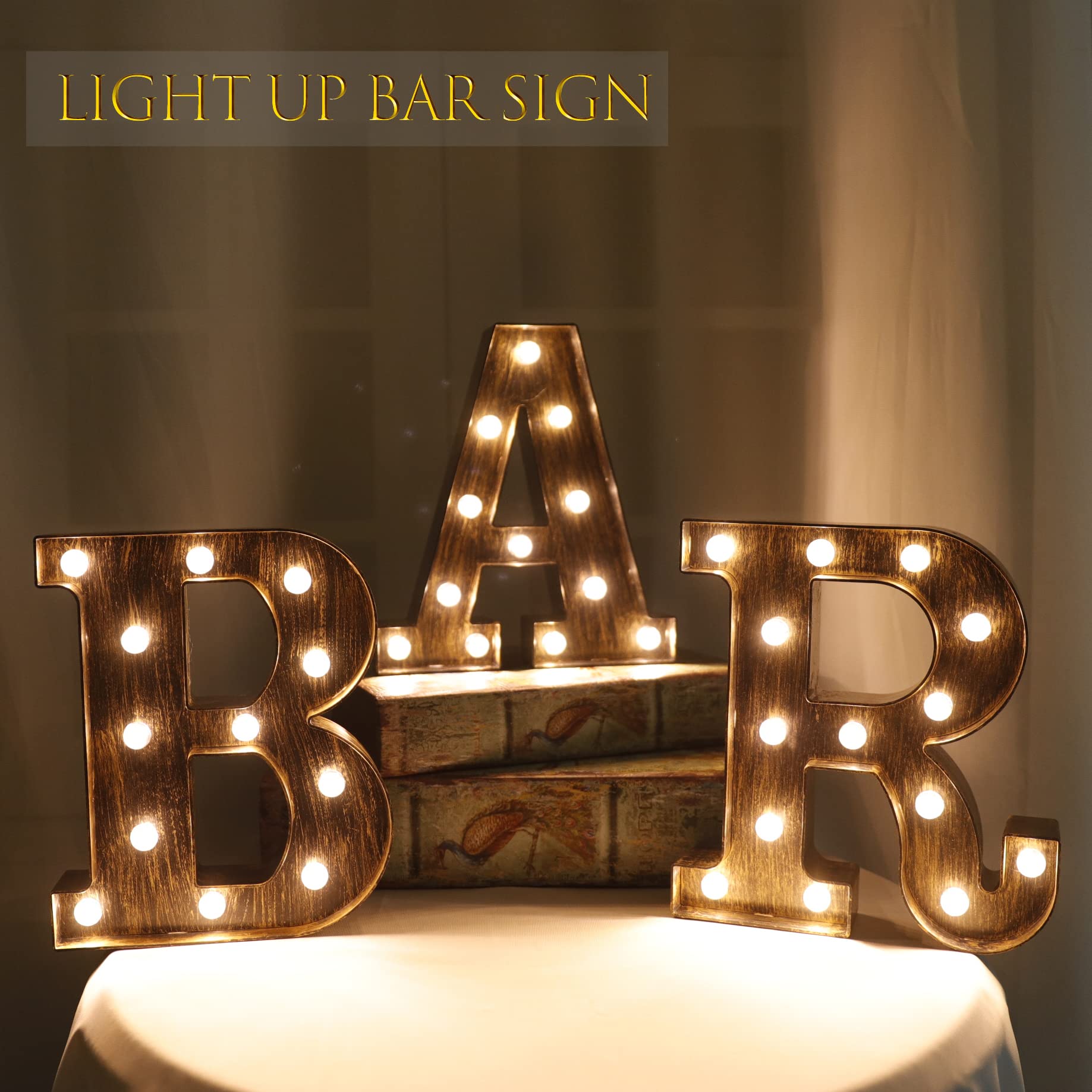 OYCBUZO LED Vintage Light Up BAR Sign - Battery Operated, Illuminated Marquee Letters - Golden Black, Model MHH077