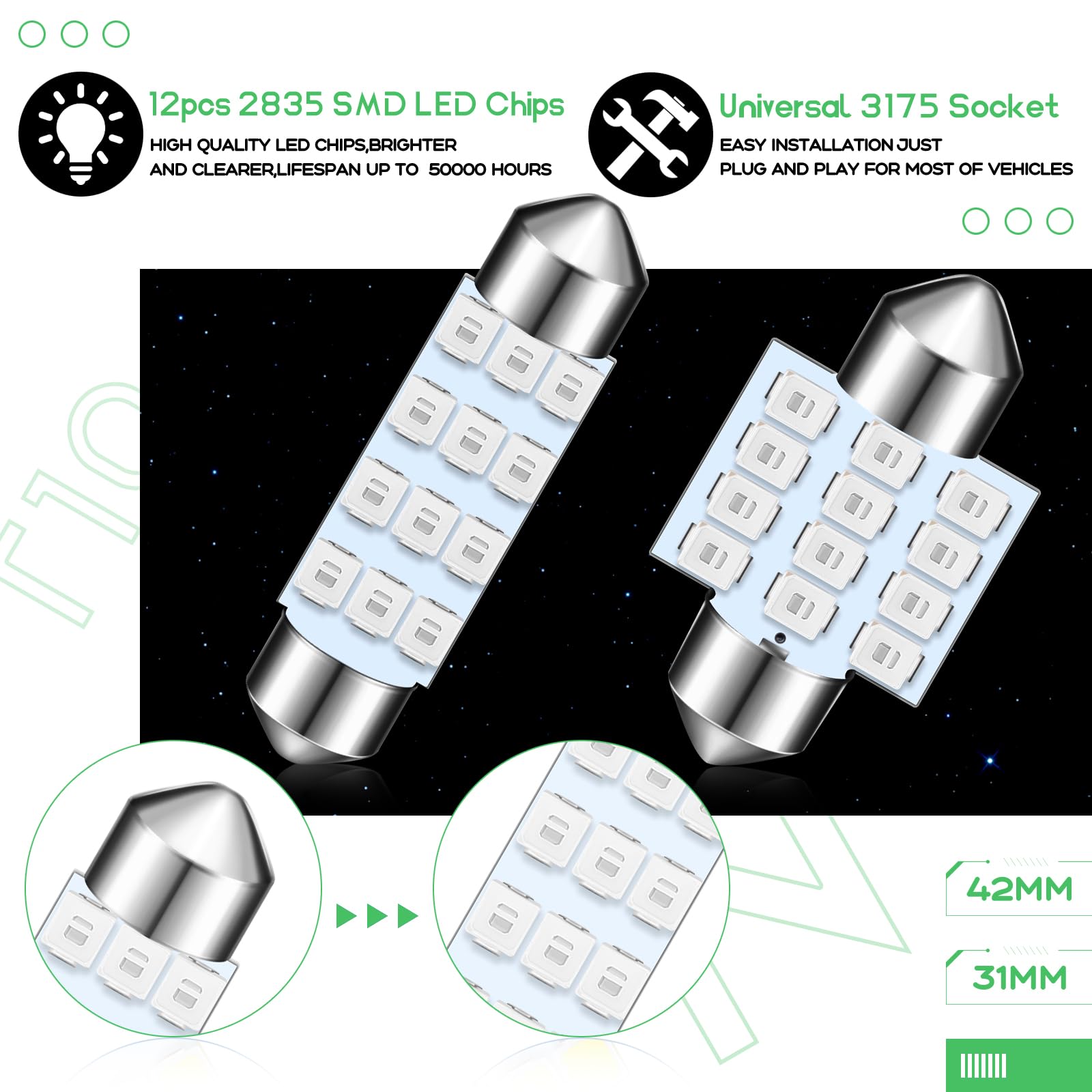 Tallew 24 Pieces Dome Light Led Car Bulb Kit Set T10 31 Mm 42 Mm Led Festoon Bulbs Interior Led Interior Replacement Bulbs For Car Map Door Courtesy(Green)