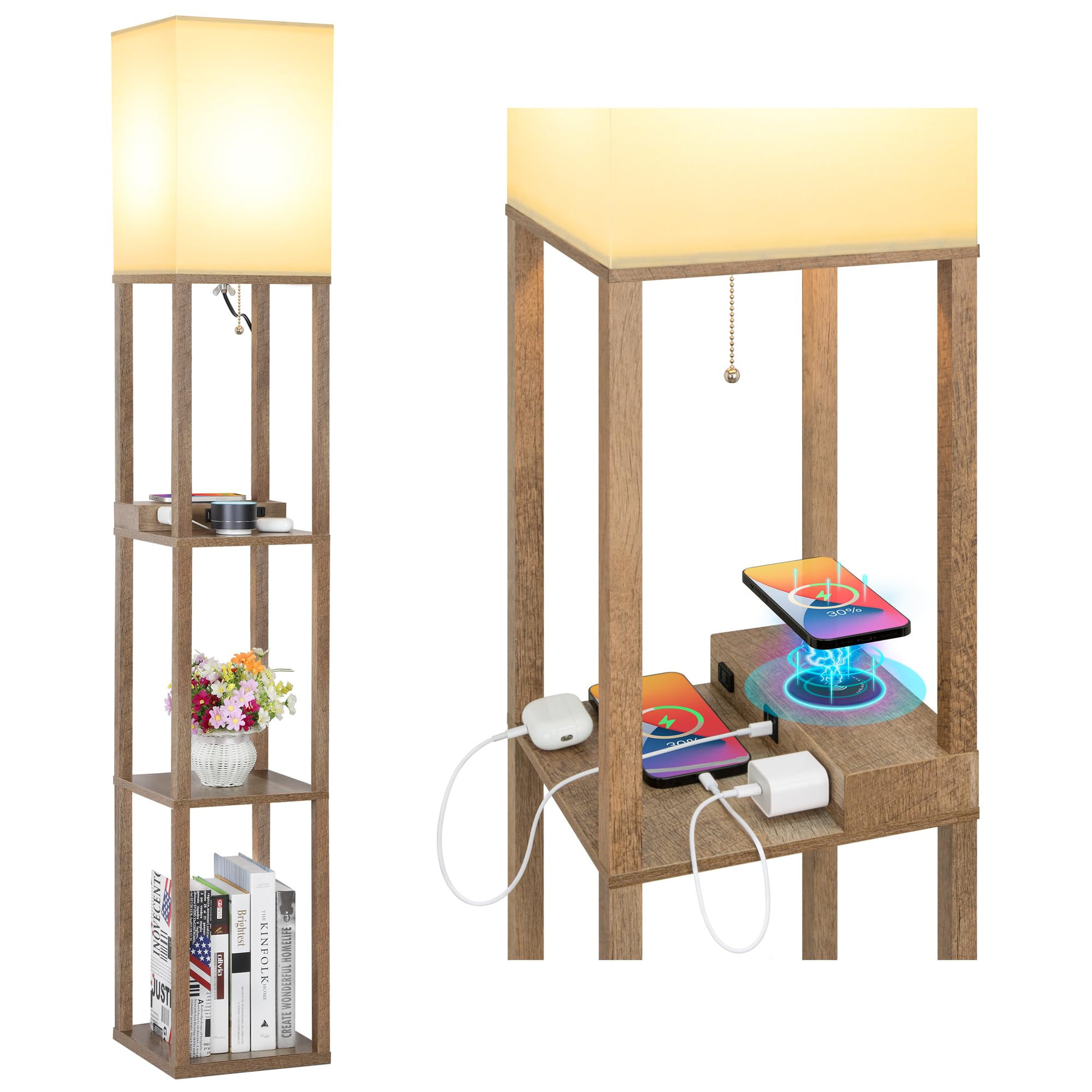 Mlambert Modern Shelf Floor Lamp with Wireless Charger & Fast Charging USB Ports & Type C Port & 2 Power Outlets,3 Tier Storage 