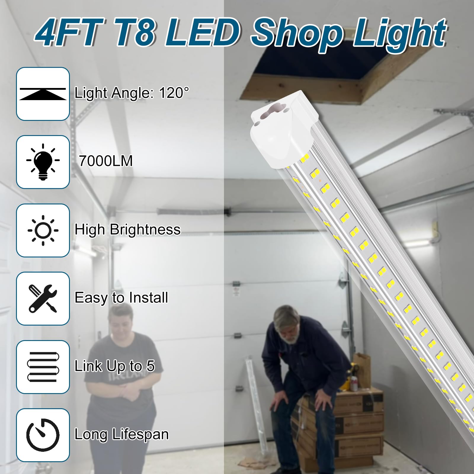 AQIQUUT LED Shop Lights, 4FT 50W V-Shape, 6500K Clear White, Linkable, 8-Pack