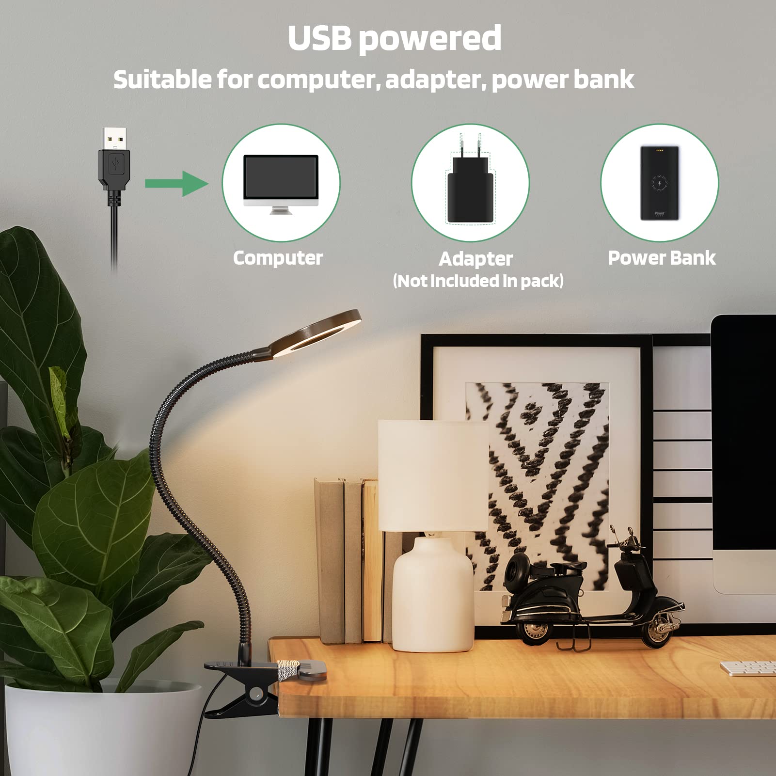 GLORIOUS-LITE 36 LED Clip-on Light, 4 Modes, 360° Gooseneck, Eye-Caring Black Lamp, Model AS-0108 for Desk, Headboard,