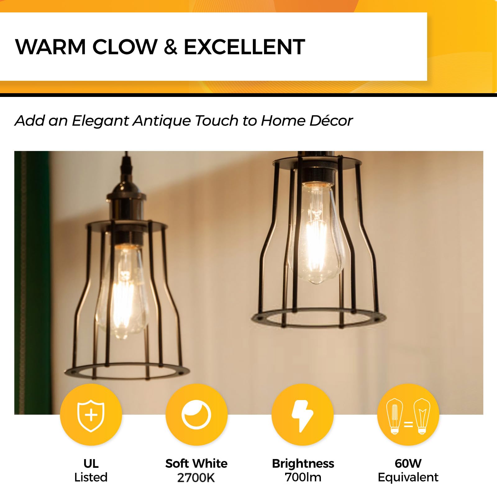 Hizashi Dimmable LED Edison Bulbs, 6W 700LM, 2700K Warm White, ST19 Vintage Glass, Pack of 6
