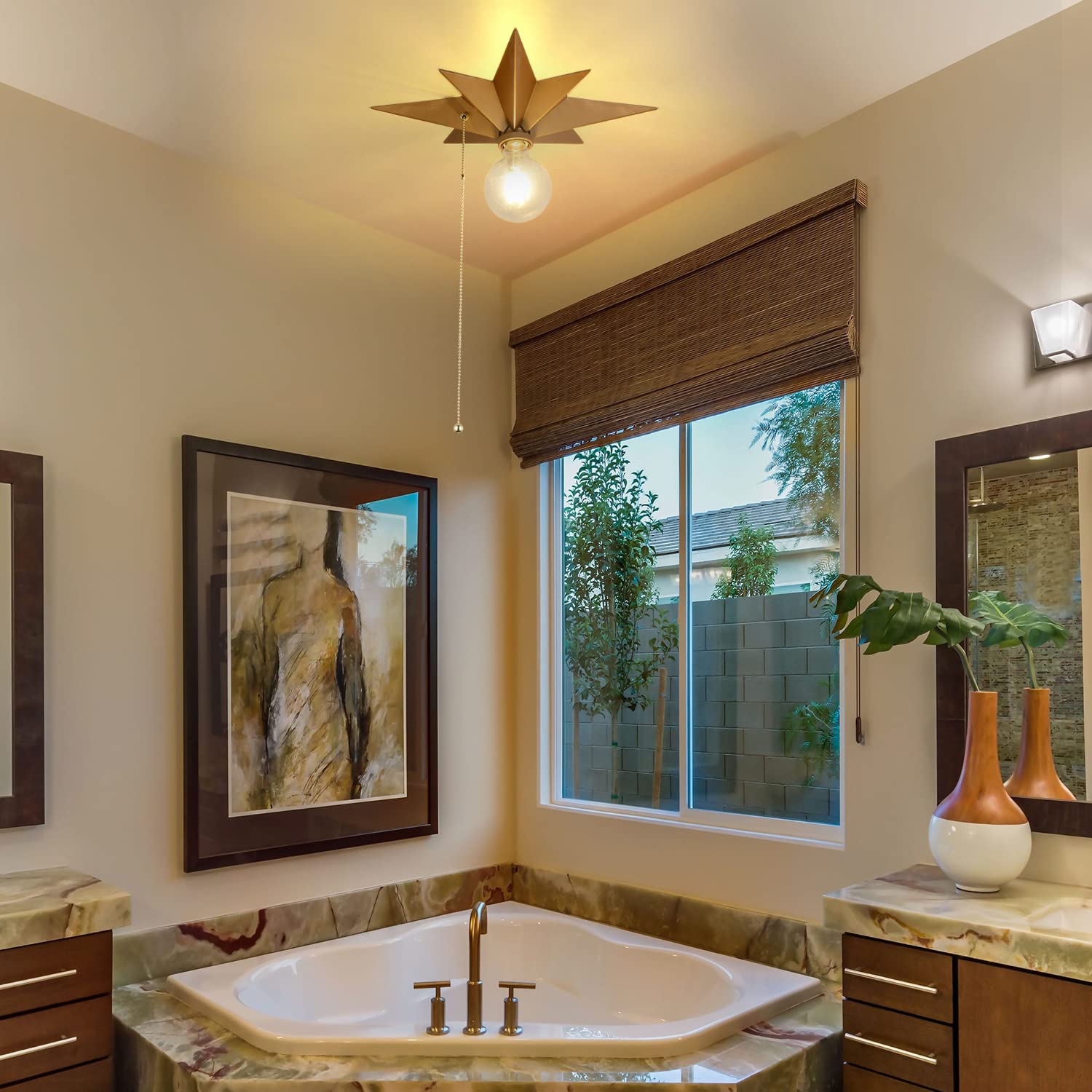 Airposta Flush Mount Ceiling Light Fixture, Brass Star Design, Industrial Metal, Pull Chain, Ideal For Hallway, Entryway, Kitchen, Bathroom